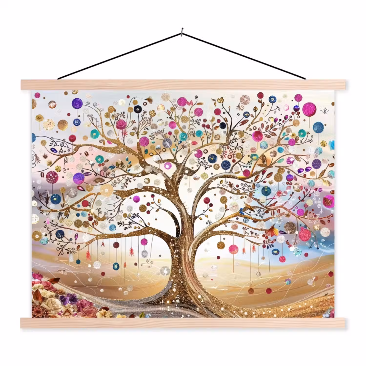 Levensboom - Goud - Kleurrijk - Abstract - Aesthetic textielposter latten blank klein -3d