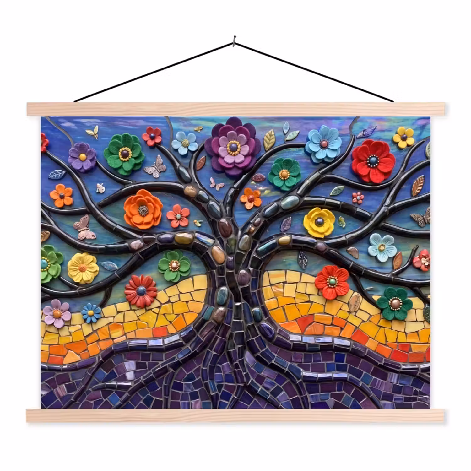 Levensboom - Mozaïek - Bloemen - Kleurrijk - Vrolijk textielposter latten blank klein -3d