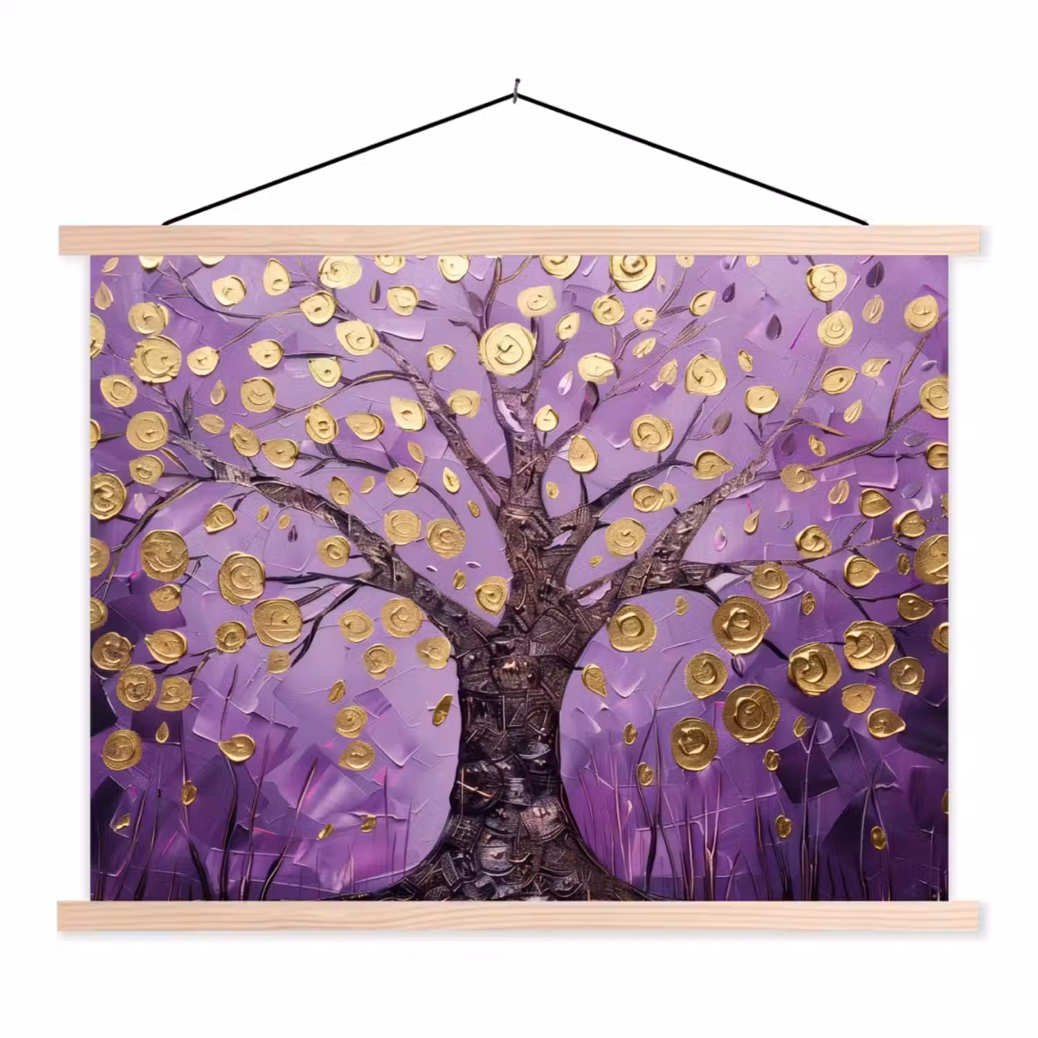 Levensboom - Boom - Paars - Goud - Modern textielposter latten blank klein -3d