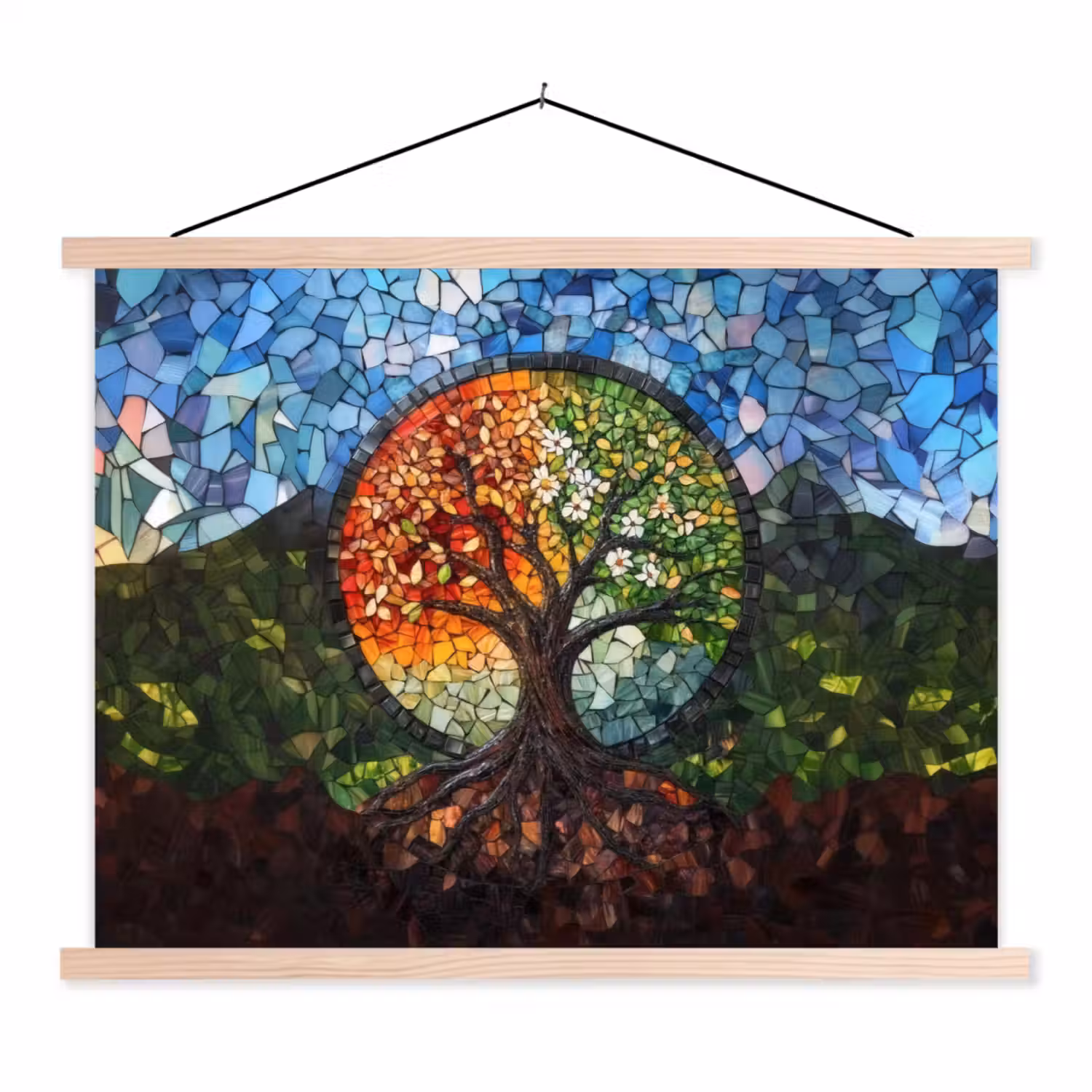 Boom - Seizoenen - Mozaïek - Bergen textielposter latten blank klein -3d