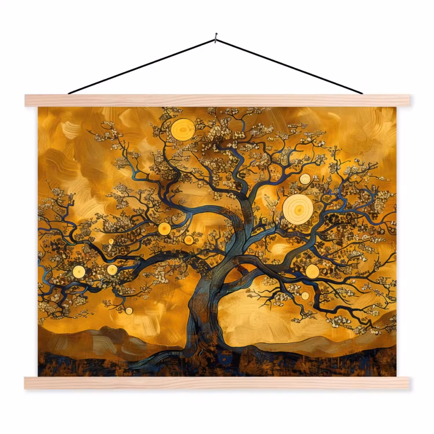 Boom - Levensboom - Abstract - Goud textielposter latten blank klein -3d