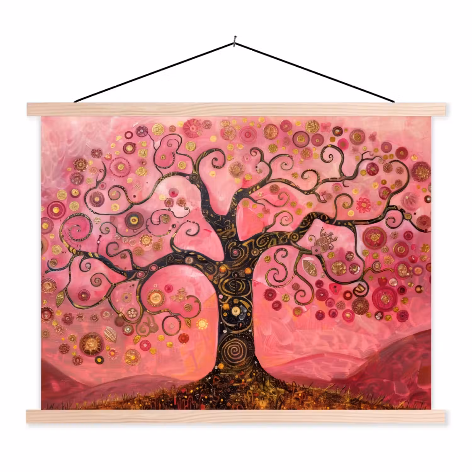 Boom - Levensboom - Roze - Goud textielposter latten blank klein -3d