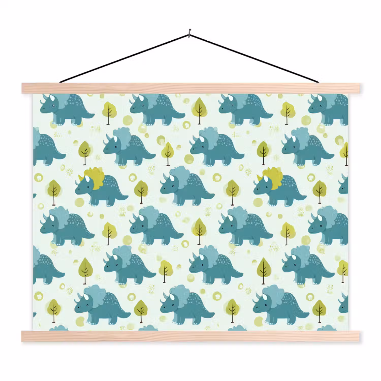 Triceratop - Blauw - Stippen - Boompjes textielposter latten blank klein -3d