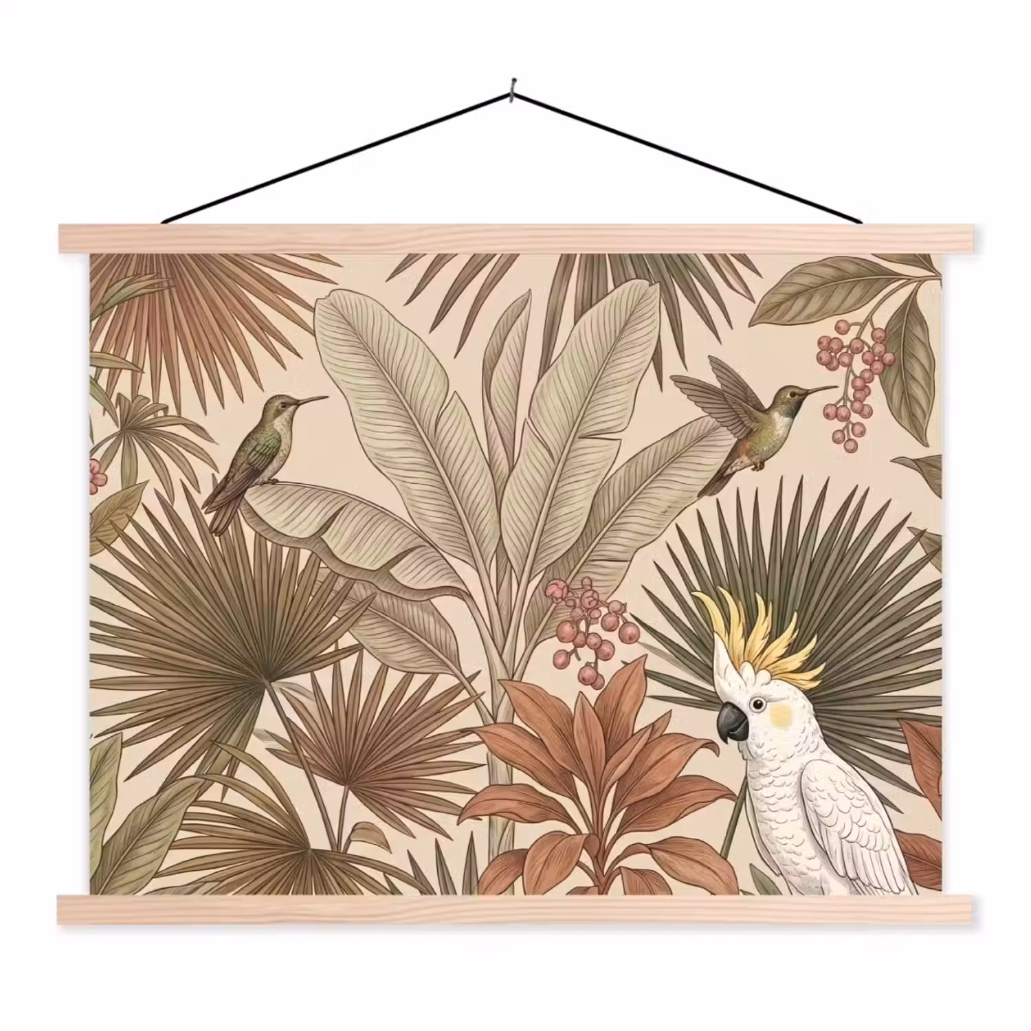 Tropisch - Vogels - Beige textielposter latten blank klein -3d
