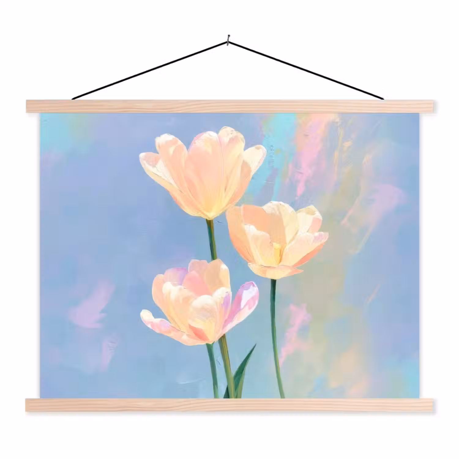 Tulpen - Roze accenten - Blauw textielposter latten blank klein -3d