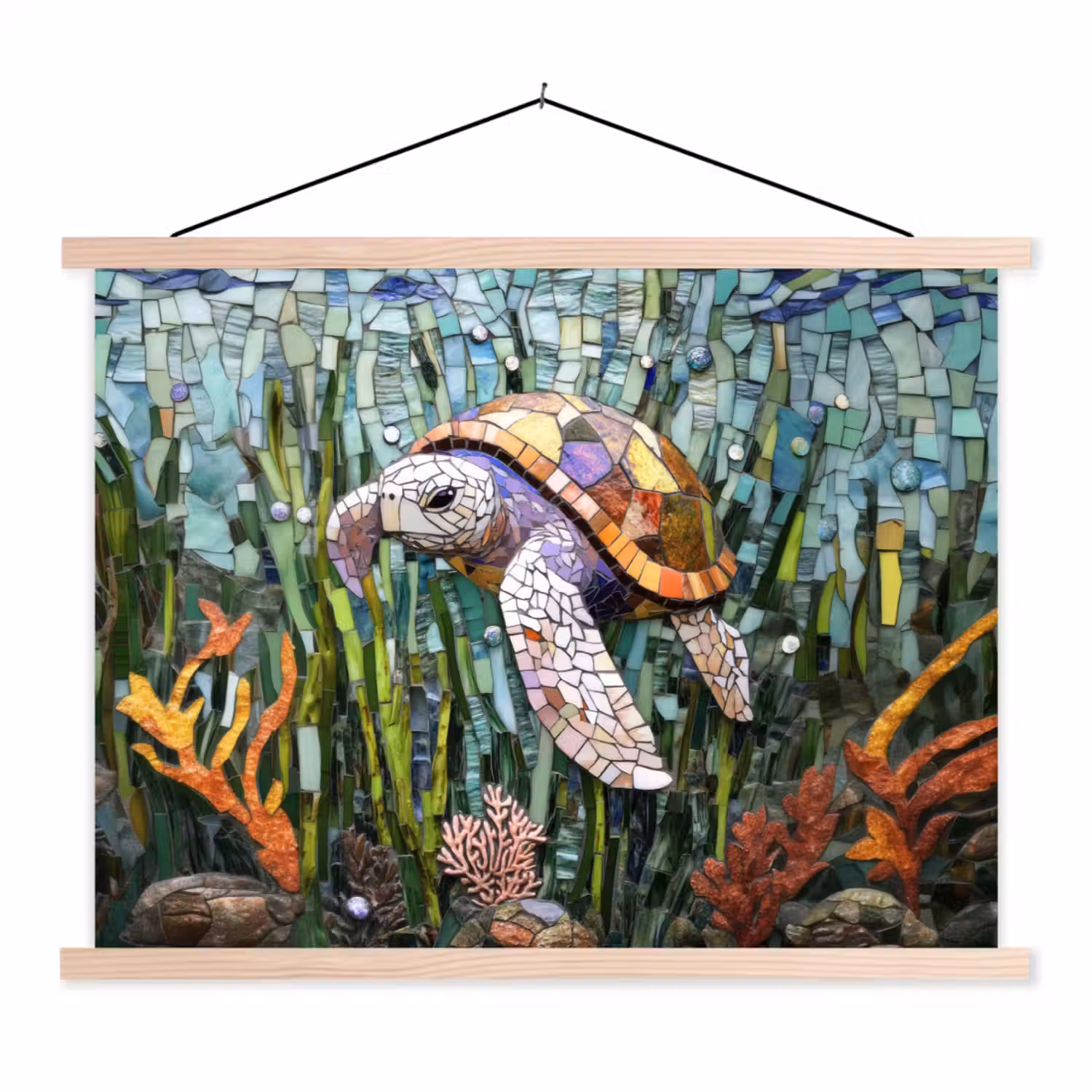 Schildpad - Zeewier - Mozaïek textielposter latten blank klein -3d