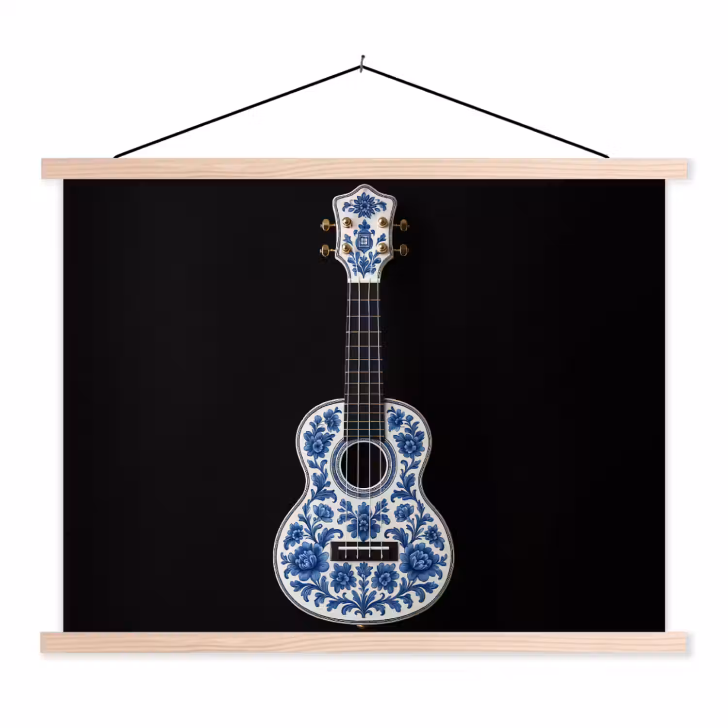 Ukelele - Delfts - Blauw - Muziek textielposter latten blank klein -3d