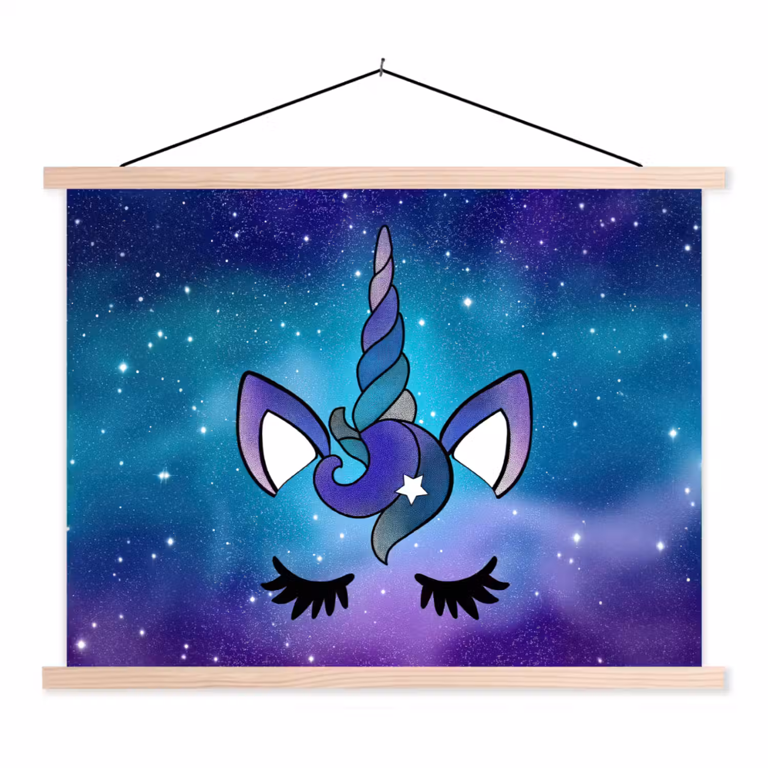 Eenhoorn - Sterrenhemel - Ster - Blauw textielposter latten blank klein -3d
