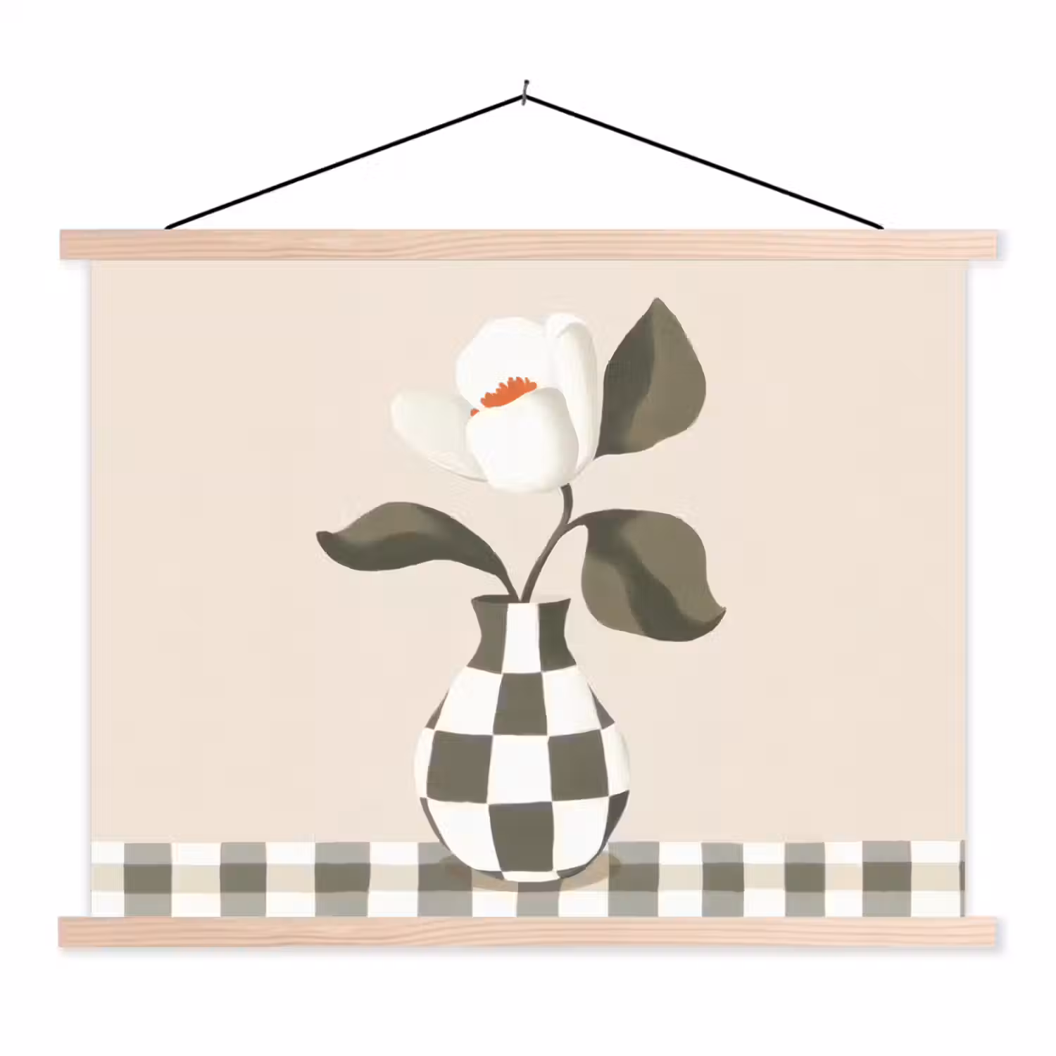 Vaas - Geruit - Groen - Bloem textielposter latten blank klein -3d