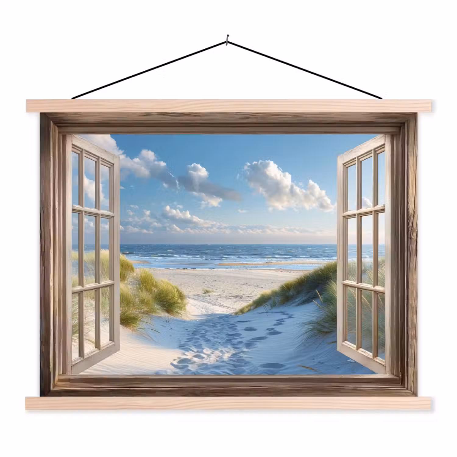 Doorkijk - Strand - Raam - Duinen - Zee textielposter latten blank klein -3d