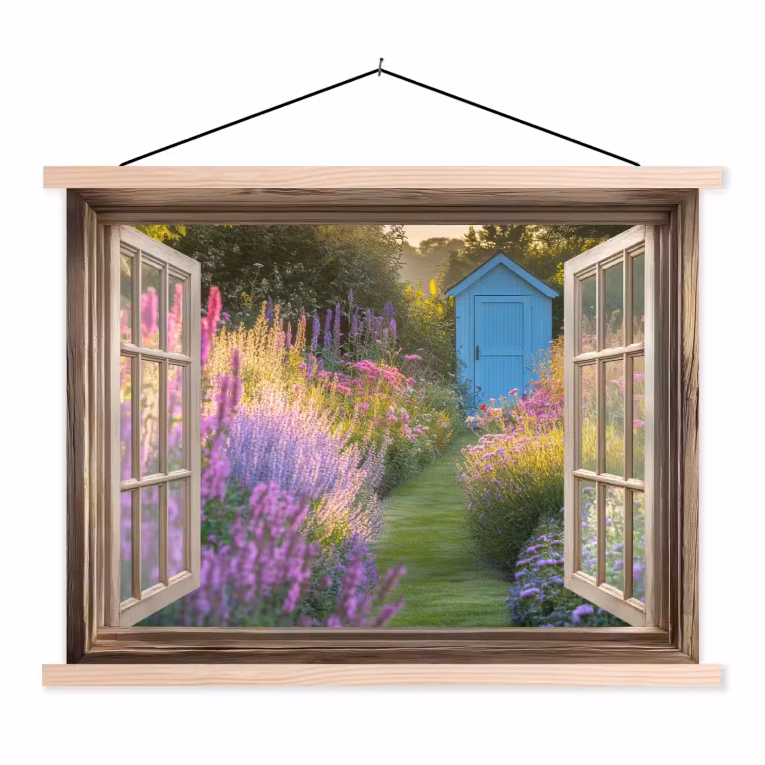 Doorkijk - Bloemen - Raam - Natuur textielposter latten blank klein -3d