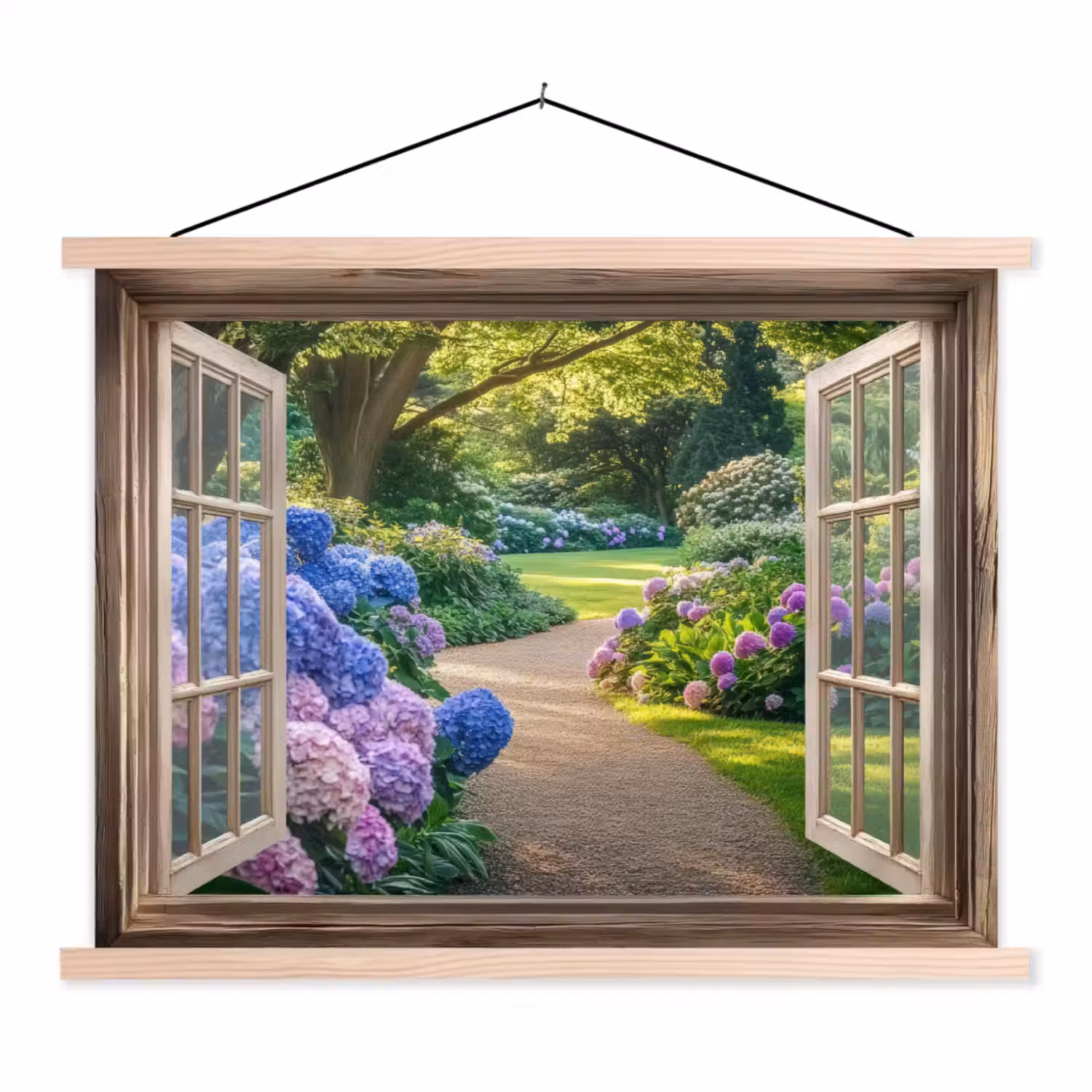 Doorkijk - Tuin - Raam - Hortensia - Bloemen textielposter latten blank klein -3d