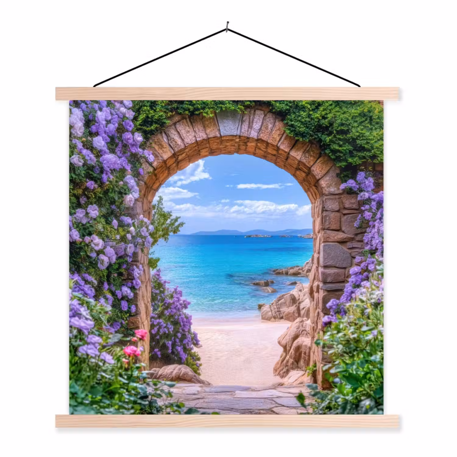 Doorkijk - Poort - Zee - Strand - Rotsen textielposter latten blank klein -3d