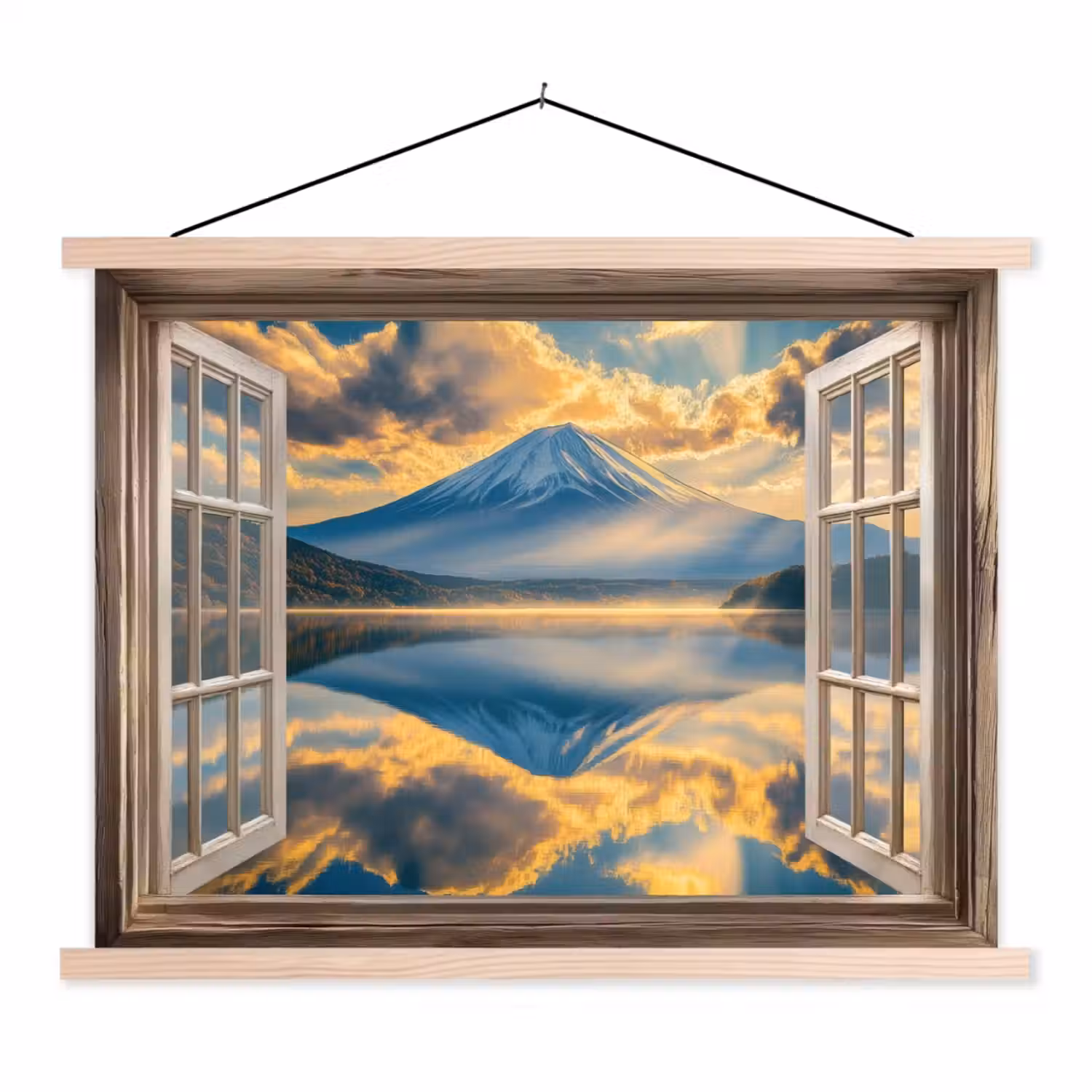 Doorkijk - Landschap - Bergen - Uitzicht - Raam textielposter latten blank klein -3d
