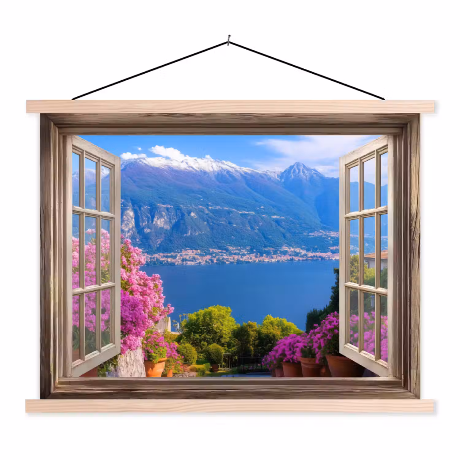 Doorkijk - Berg - Landschap - Uitzicht - Meer textielposter latten blank klein -3d
