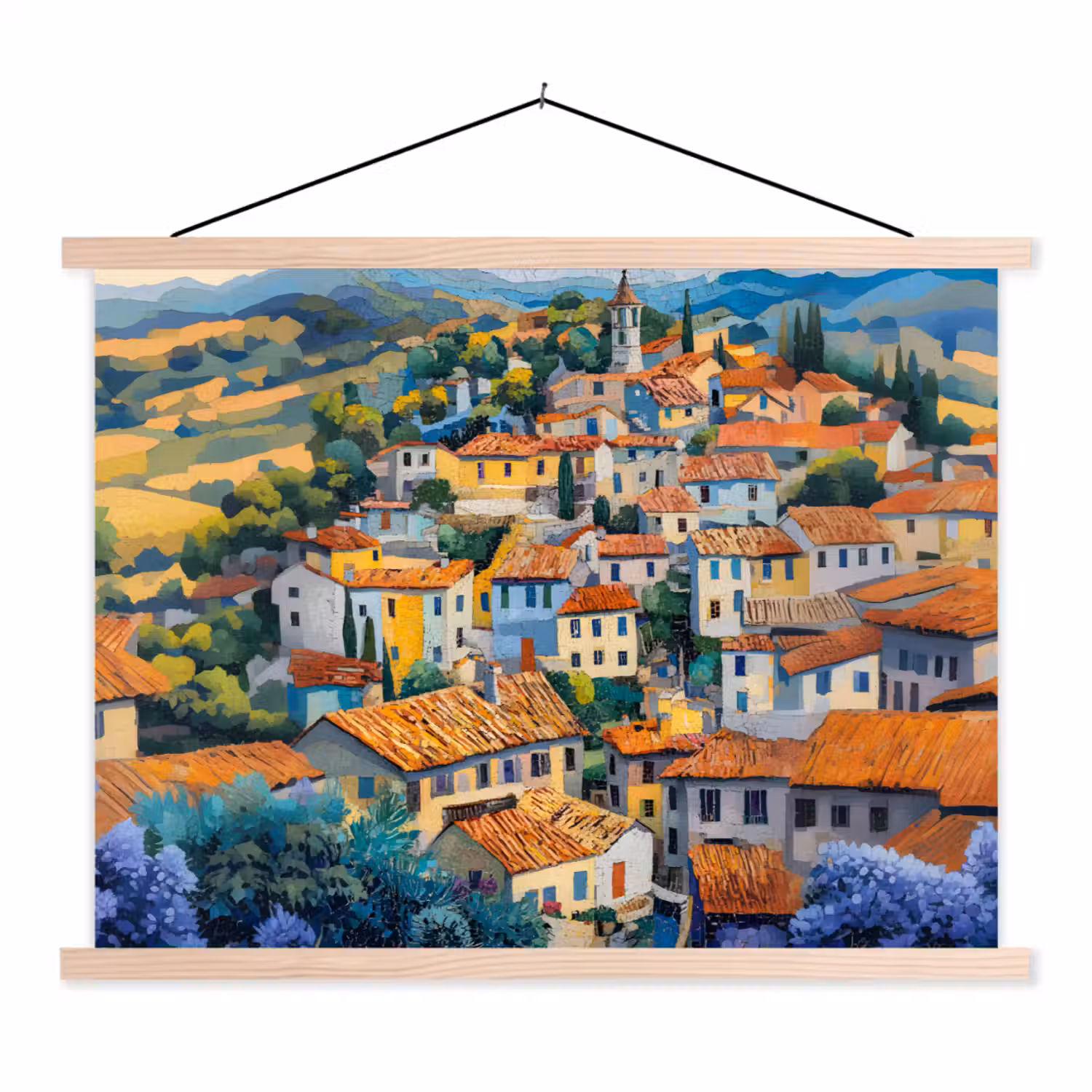 Dorp - Heuvels - Landschap - Bomen textielposter latten blank klein -3d
