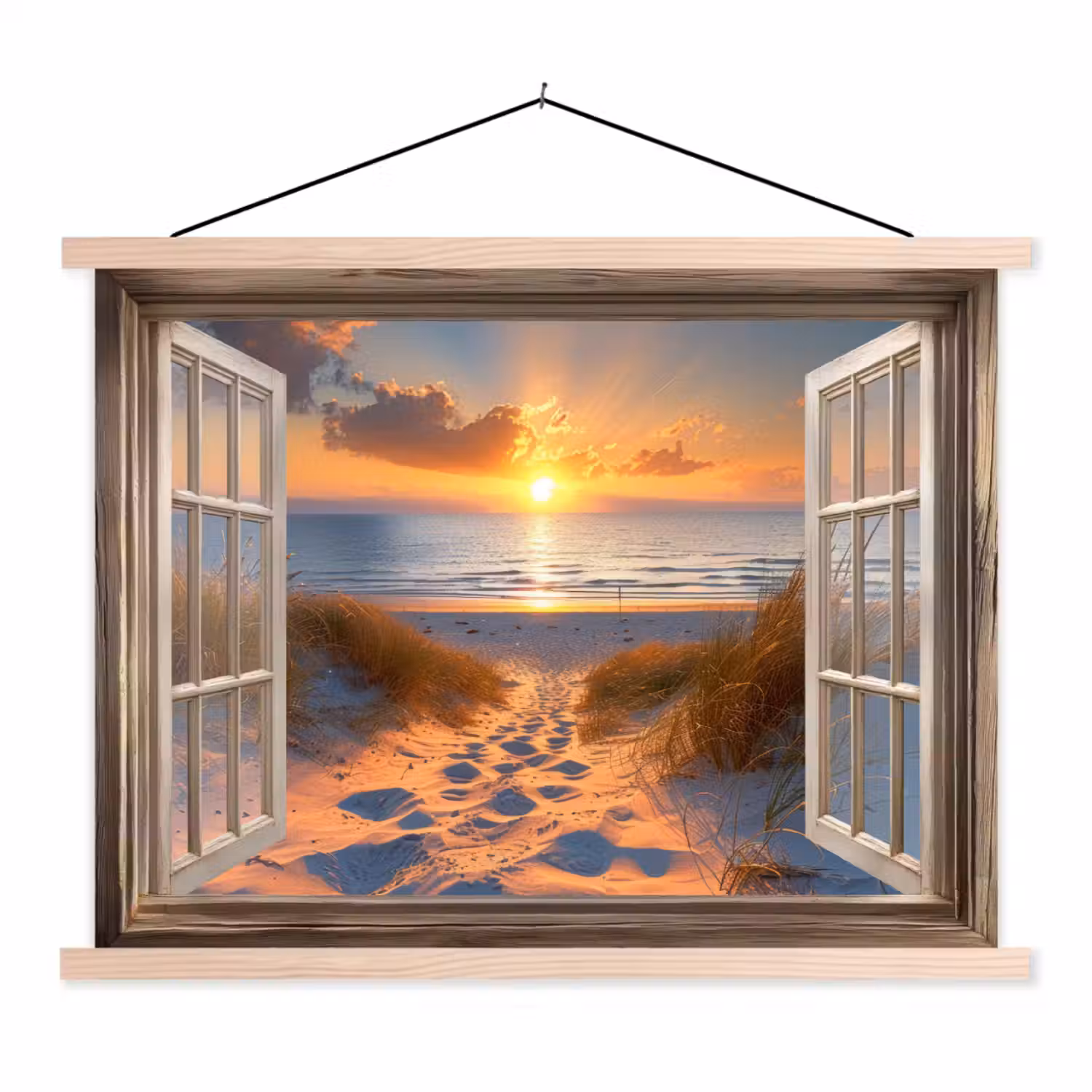 Doorkijk - Strand - Duinen - Zonsondergang textielposter latten blank klein -3d