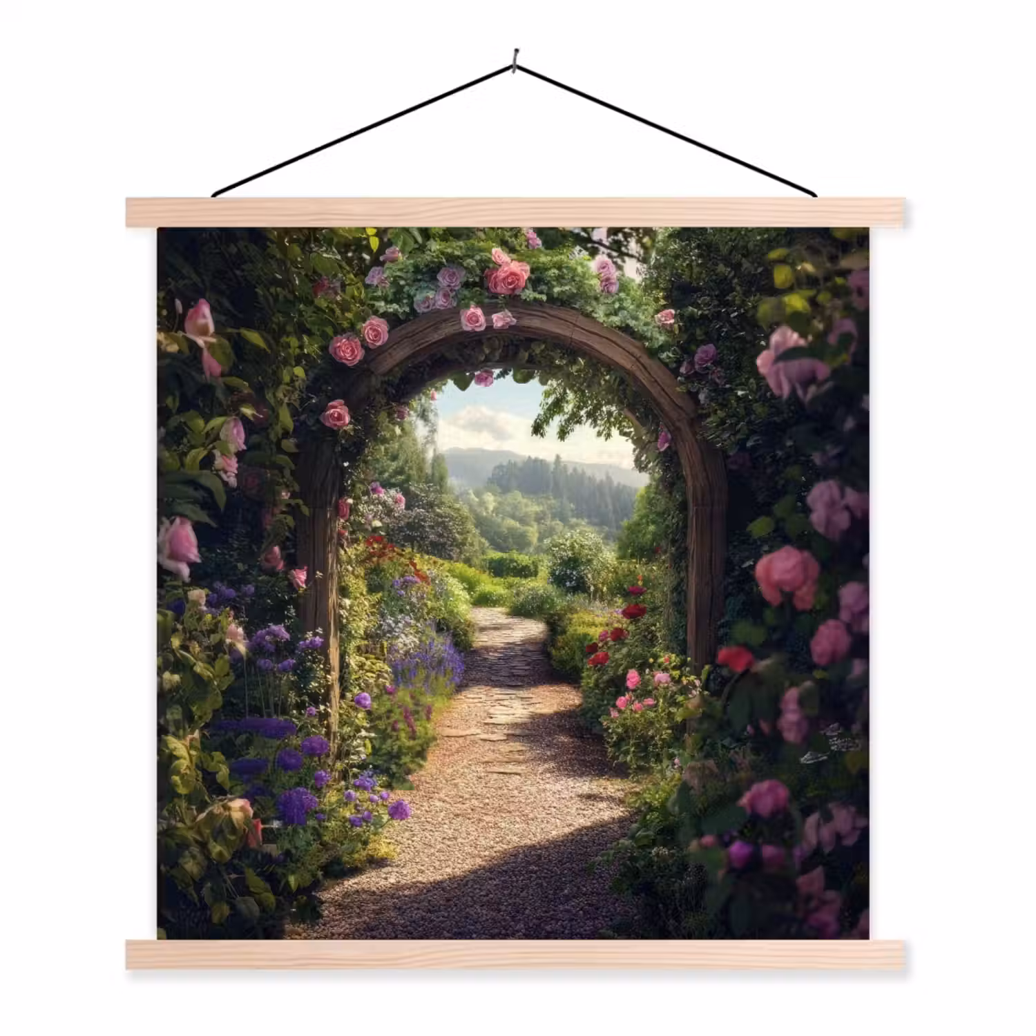 Doorkijk - Landschap - Bloemen - Rozenboog - Natuur textielposter latten blank klein -3d