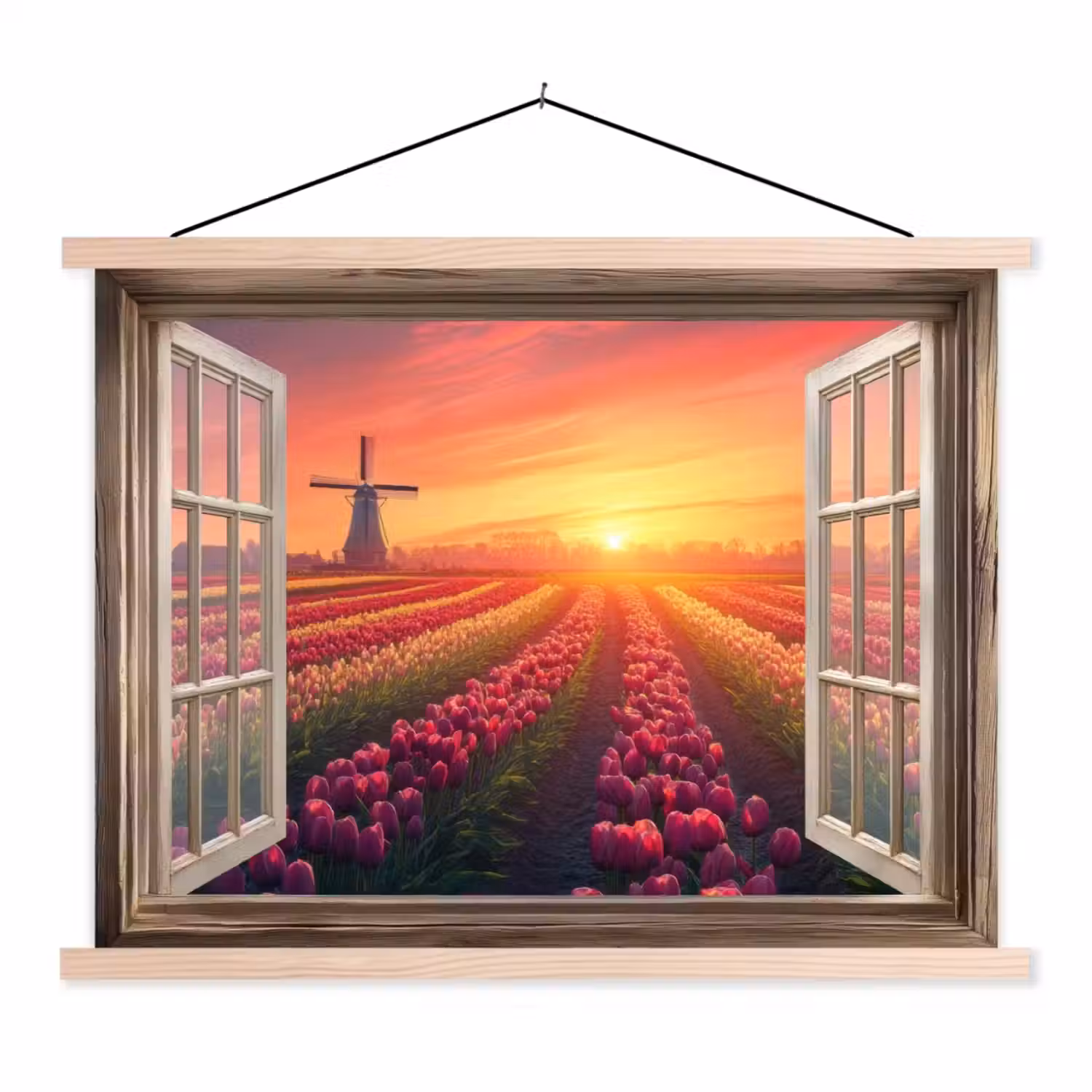Doorkijk - Tulpen - Zonsondergang - Bloemen - Kleurrijk textielposter latten blank klein -3d