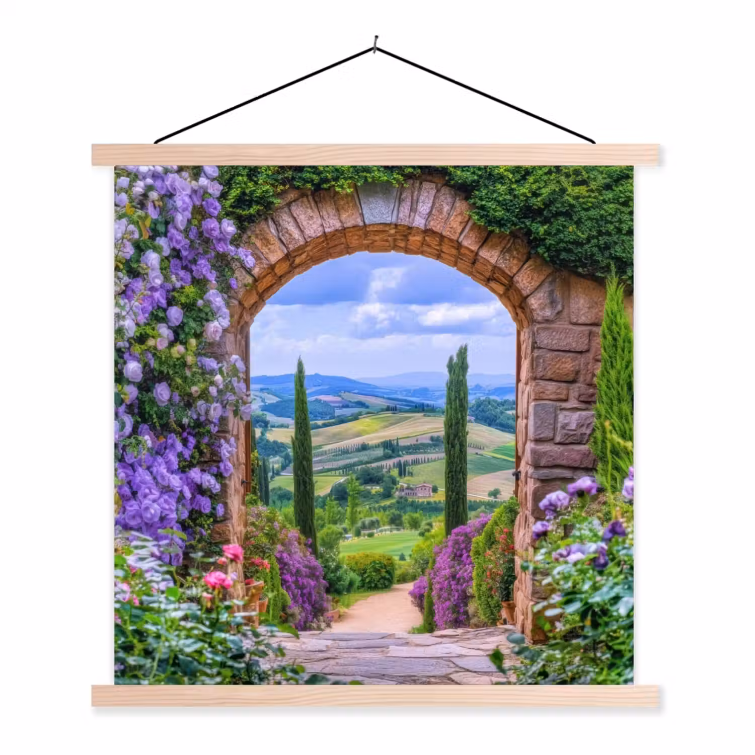 Doorkijk - Toscane - Landschap - Poort textielposter latten blank klein -3d