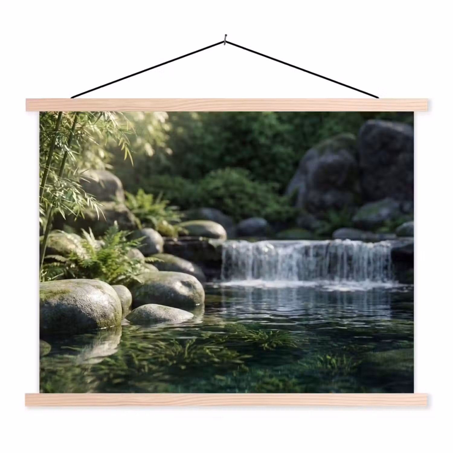 Beek - Waterval - Natuur - Groen textielposter latten blank klein -3d