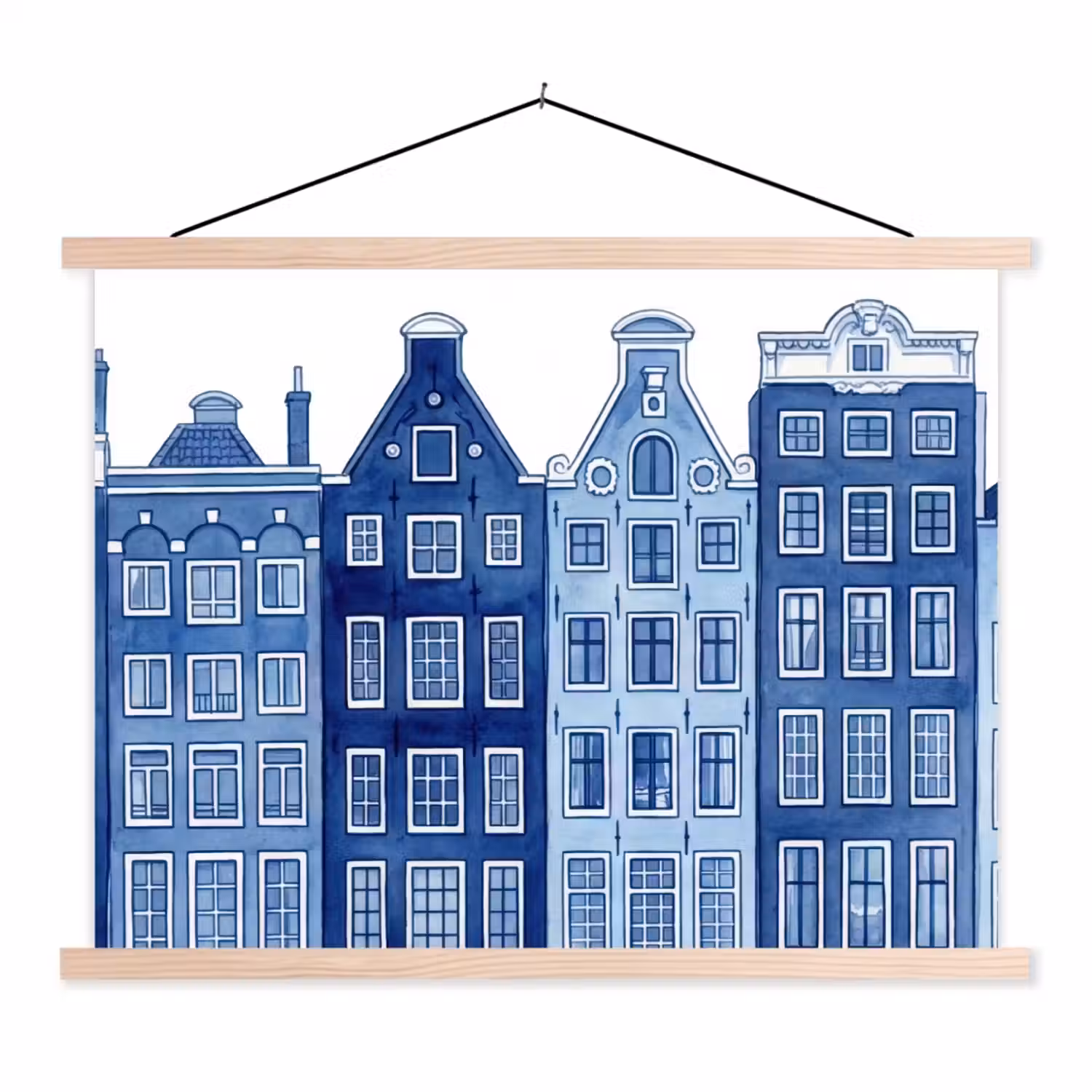 Aquarel - Grachtenpanden - Delfts - Blauw textielposter latten blank klein -3d