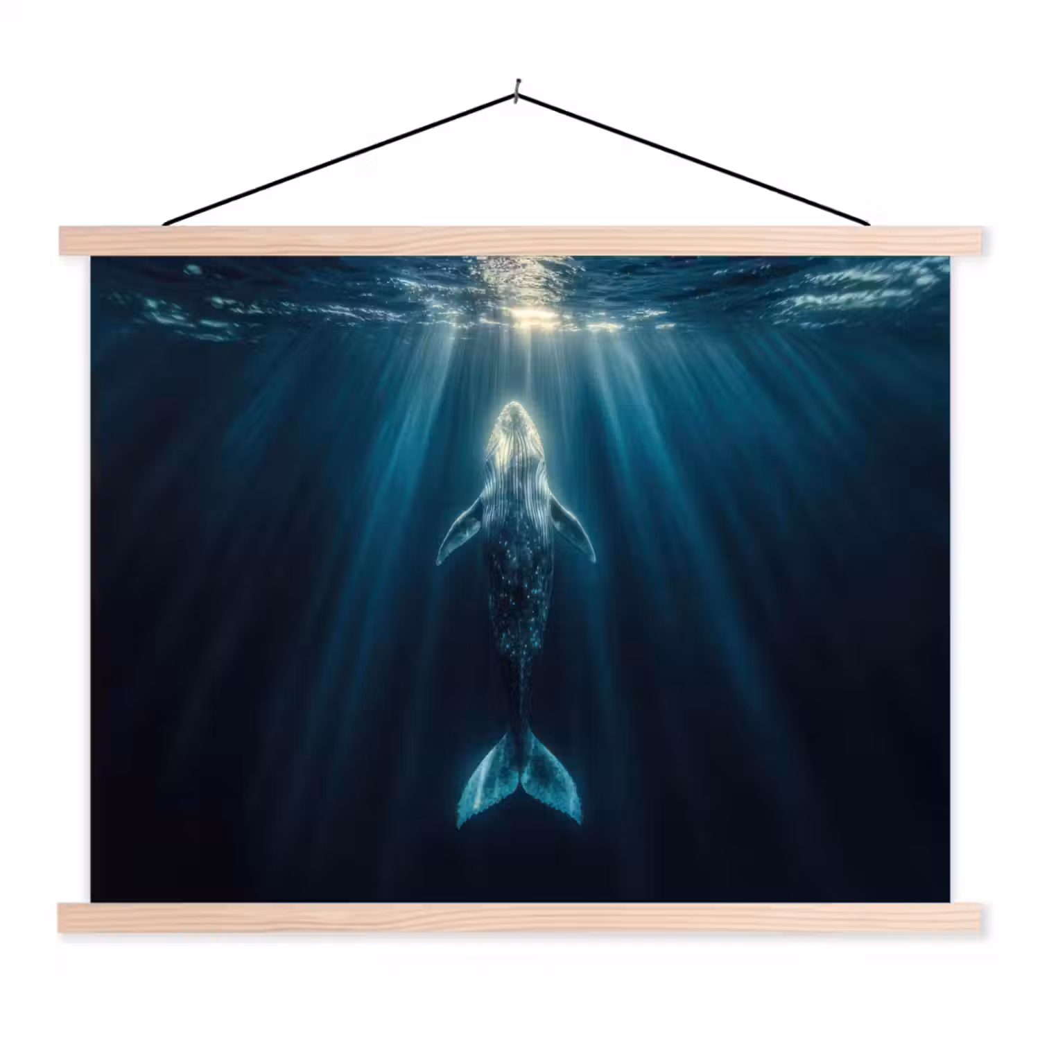 Walvis - Water - Zonnestralen - Blauw textielposter latten blank klein -3d