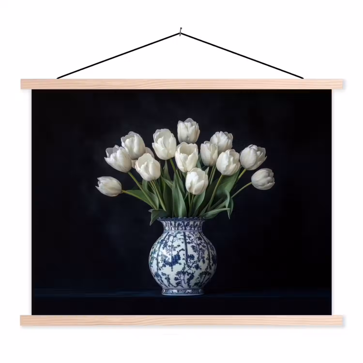 Wit - Bloemen - Tulpen - Vaas textielposter latten blank klein -3d