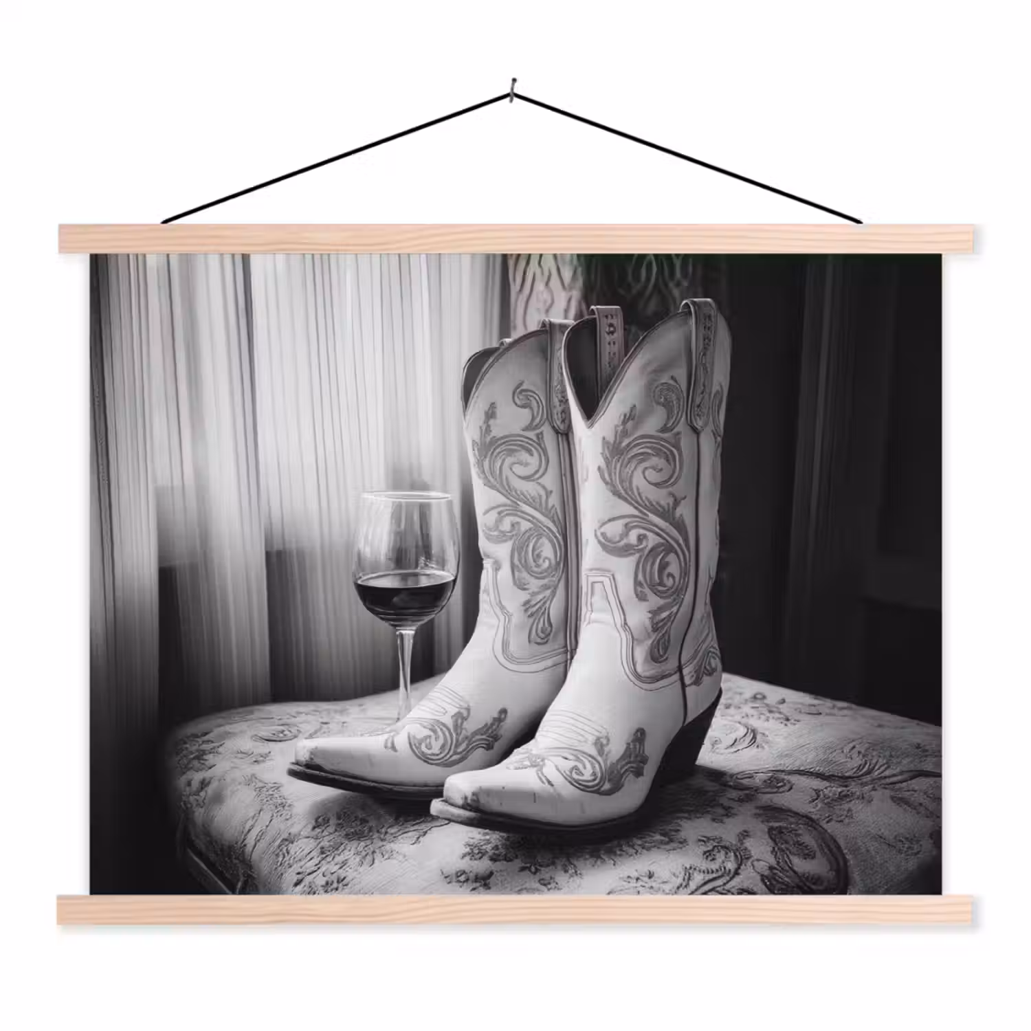 Wijn - Cowboylaarzen - Raamlicht - Wit textielposter latten blank klein -3d