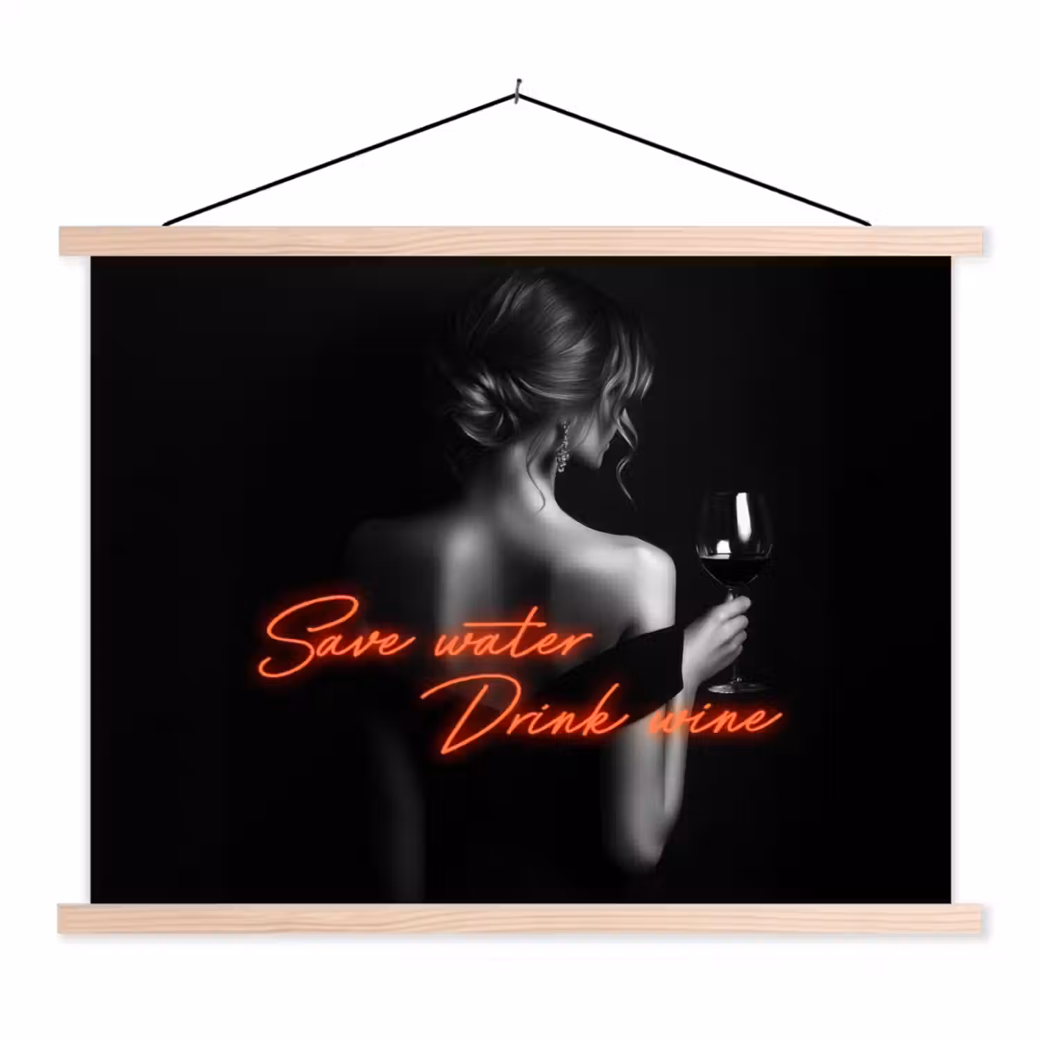 Wijn - Vrouw - Neon - Quote textielposter latten blank klein -3d