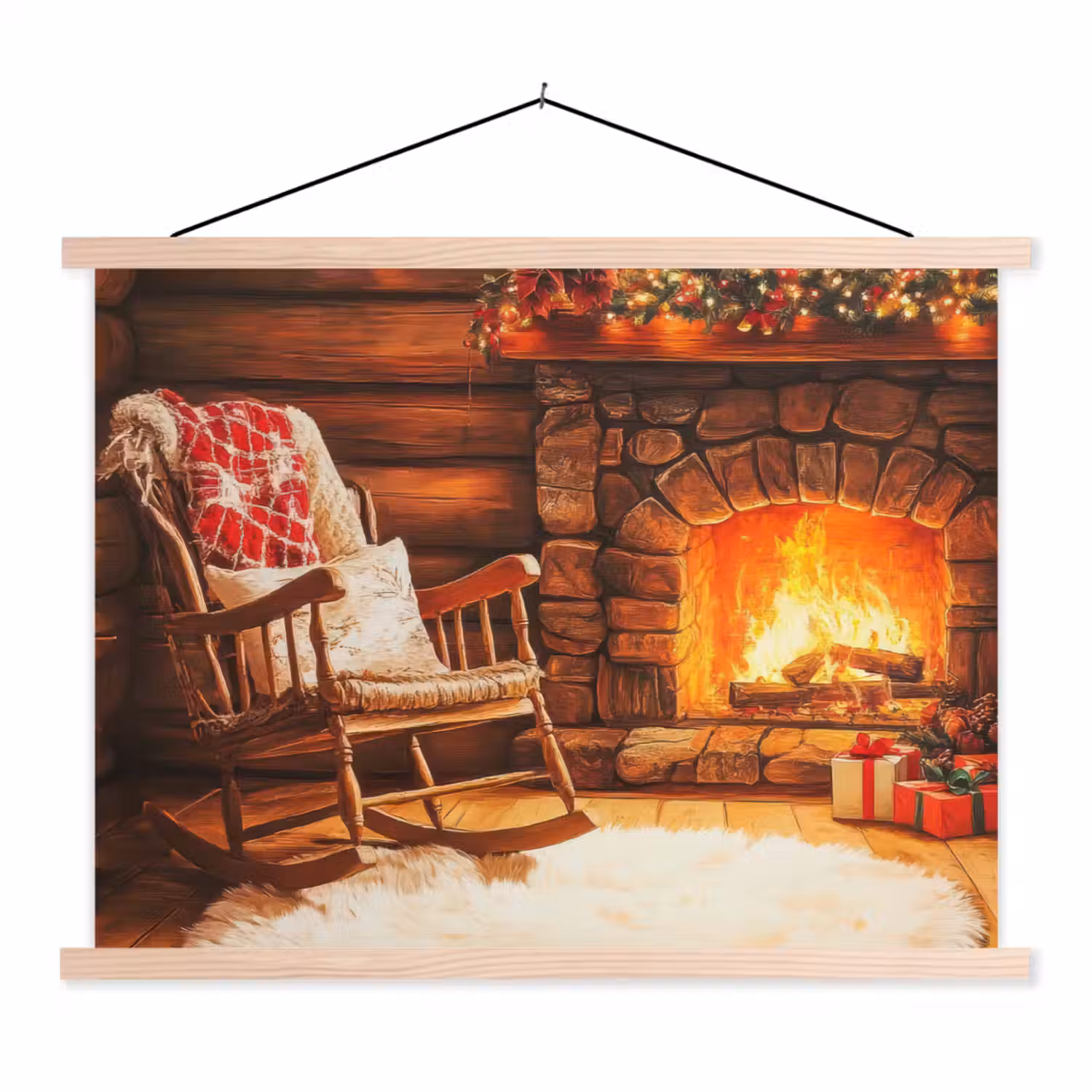 Winter - Kerst - Huis - Openhaard textielposter latten blank klein -3d