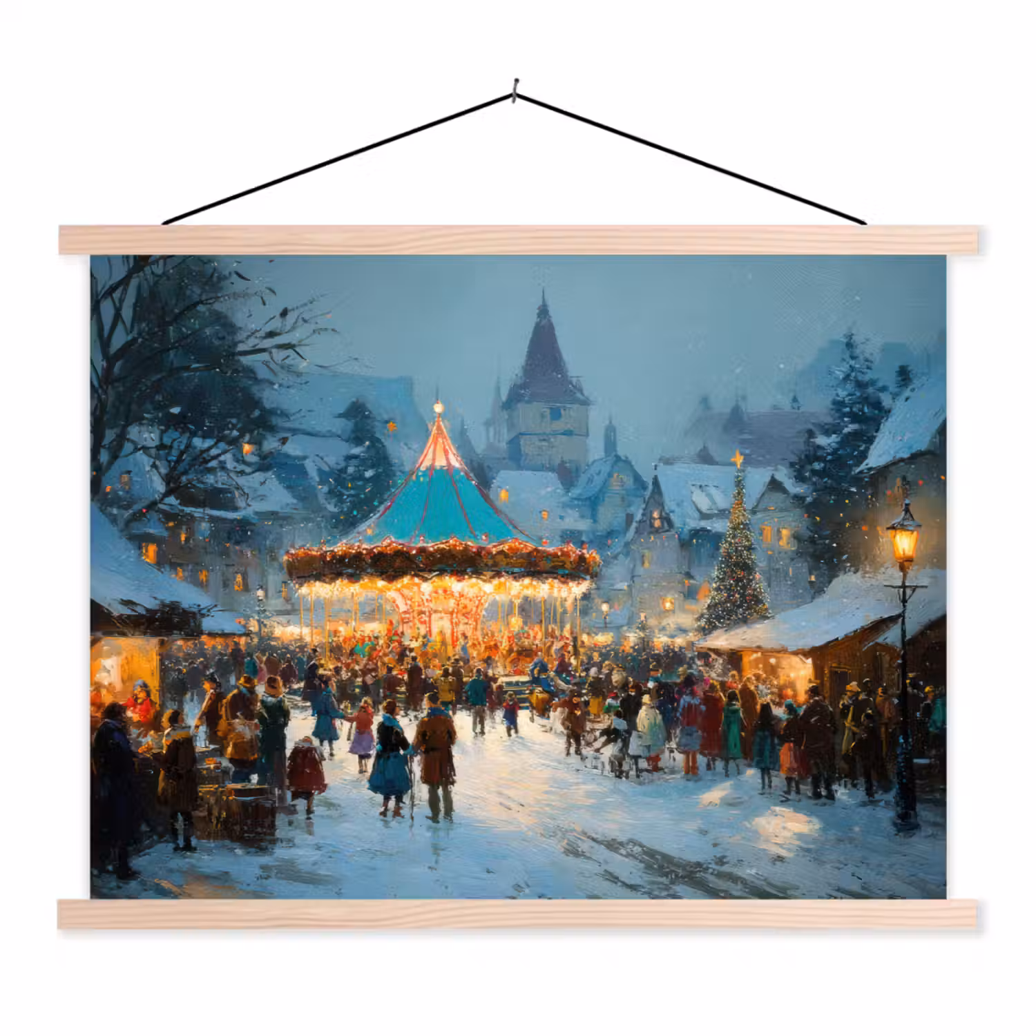 Winterkermis - Dorp - Kleurrijk textielposter latten blank klein -3d