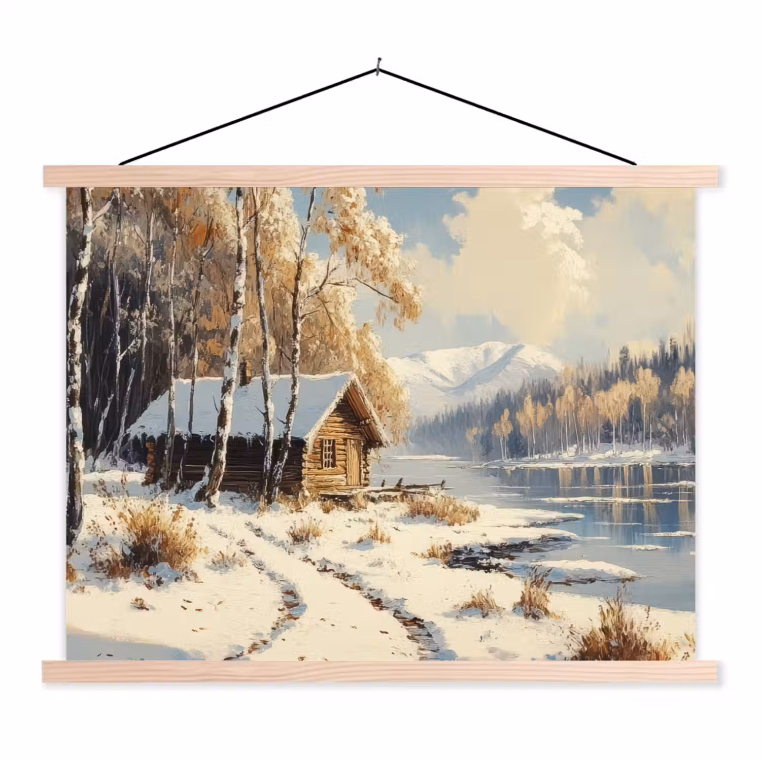 Winter - Sneeuw - Huis - Natuur textielposter latten blank klein -3d