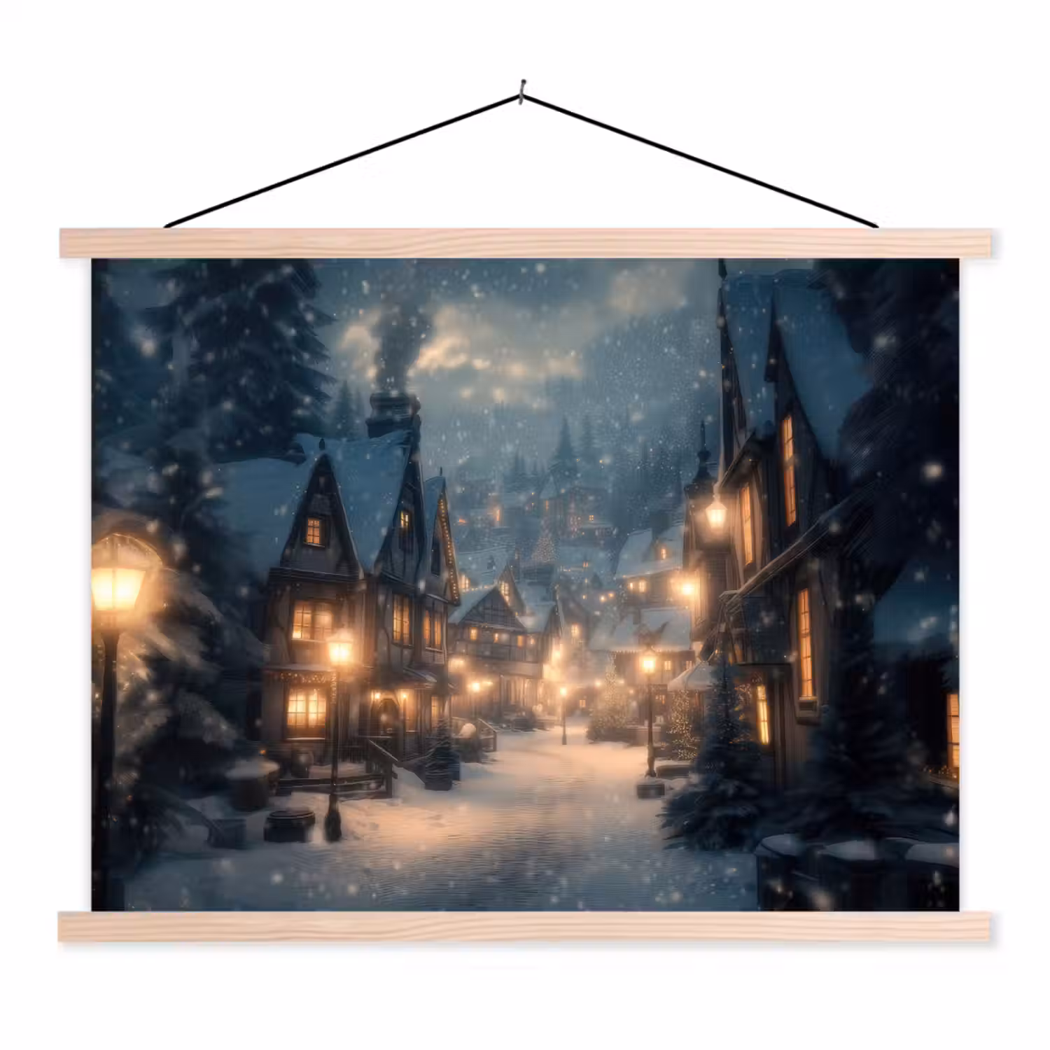 Winterdorp - Sneeuw - Donker textielposter latten blank klein -3d