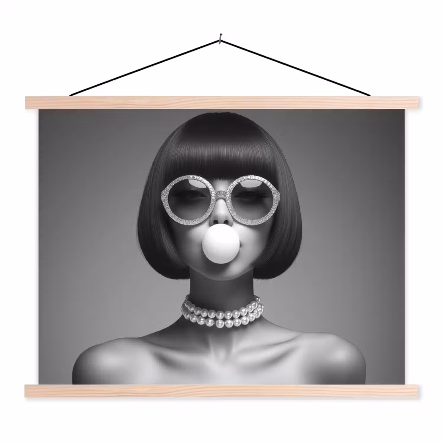 Vrouw - Zwart Wit - Ketting - Zonnebril textielposter latten blank klein -3d