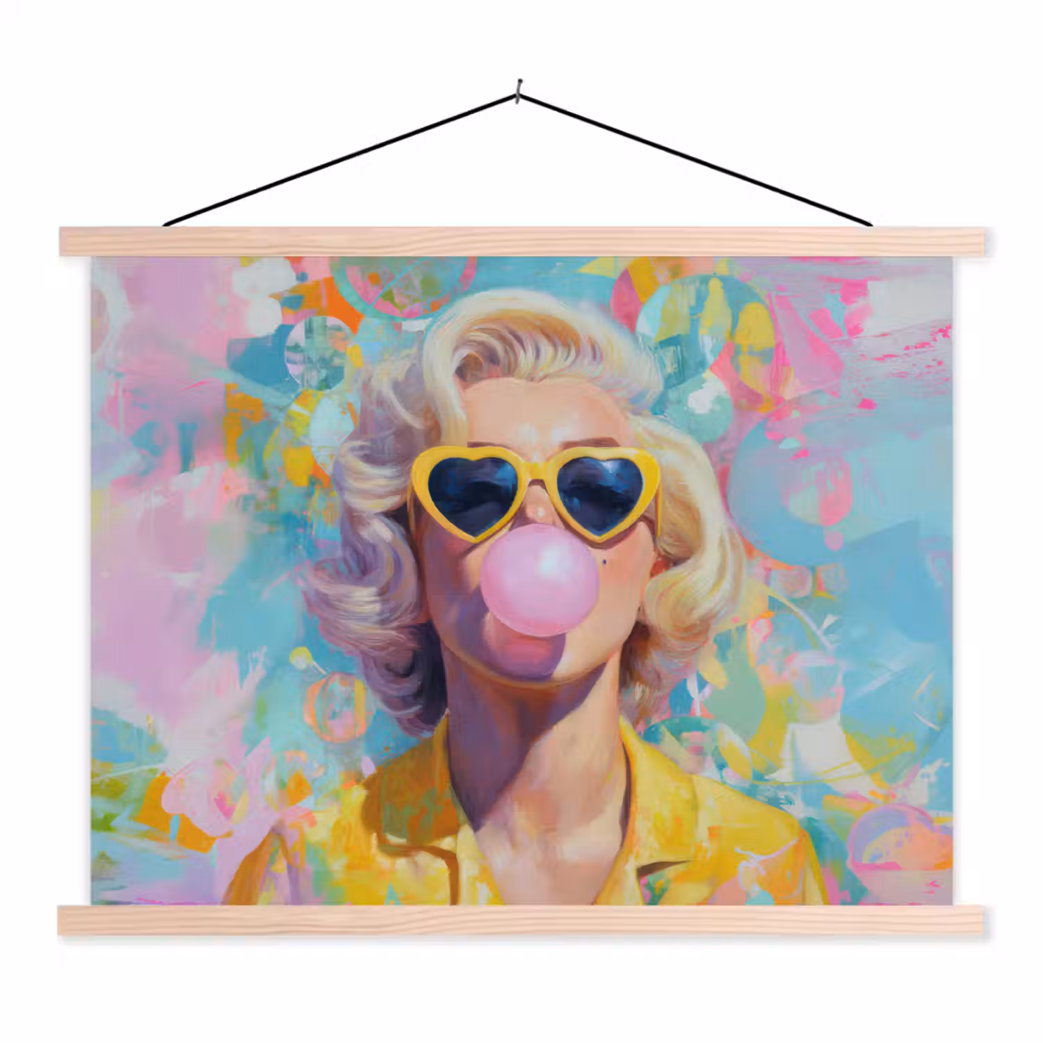 Vrouw - Blond - Roze kauwgom - Kleurrijk - Pastel textielposter latten blank klein -3d