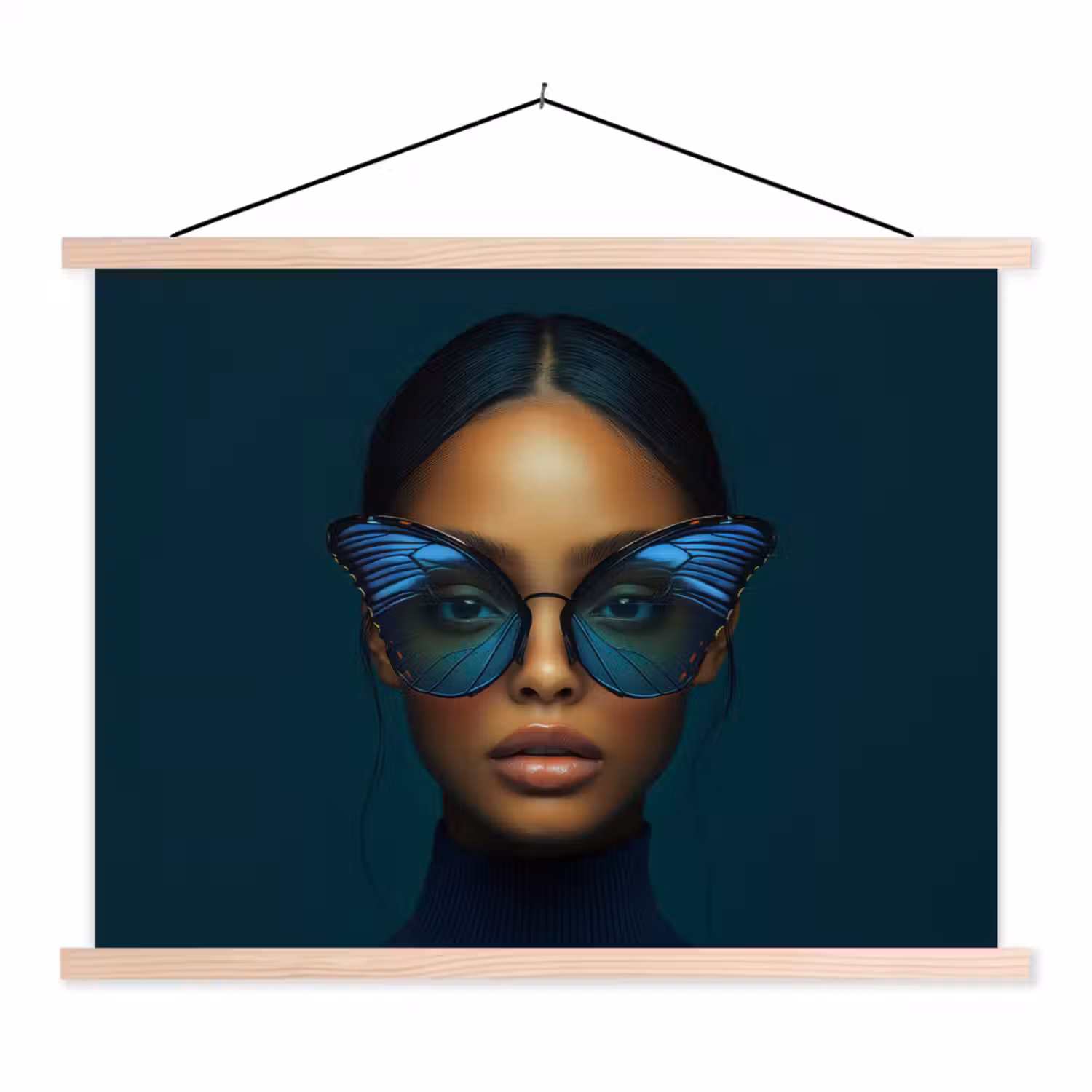 Vrouw - Vlinder - Bril - Blauw - Modern - Portret textielposter latten blank klein -3d