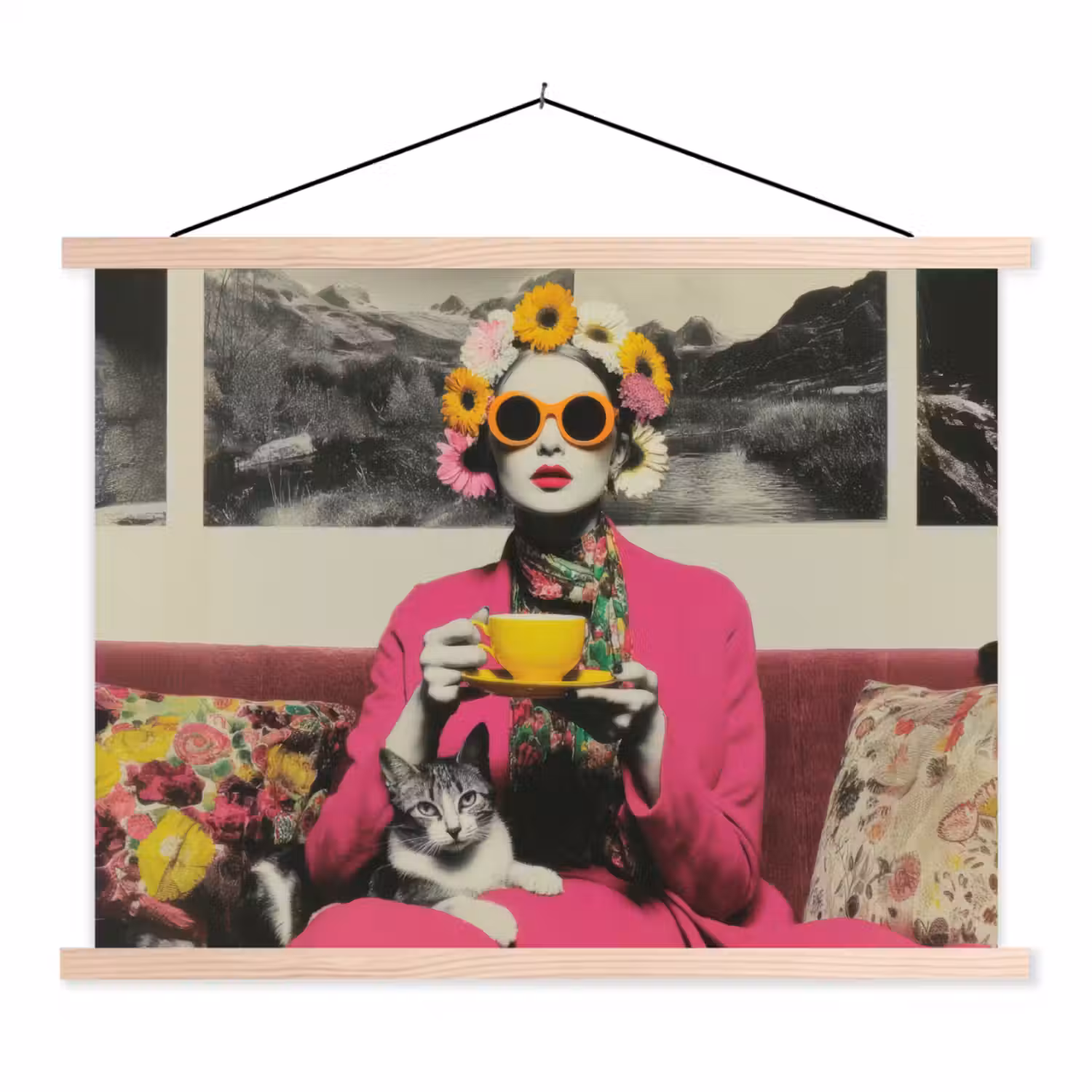 Vrouw - Kat - Bloemen - Kopje - Retro textielposter latten blank klein -3d