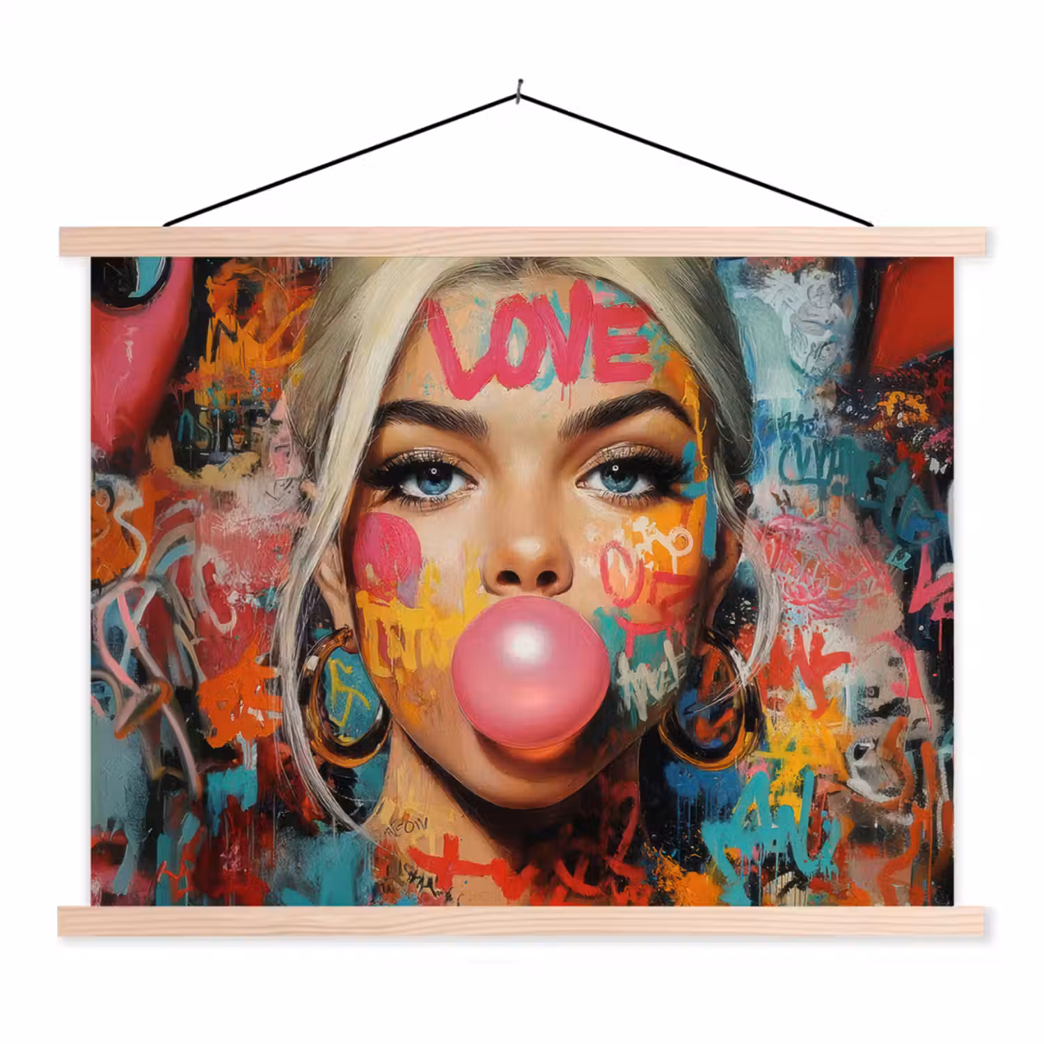 Vrouw - Kauwgom - Graffiti - Love textielposter latten blank klein -3d