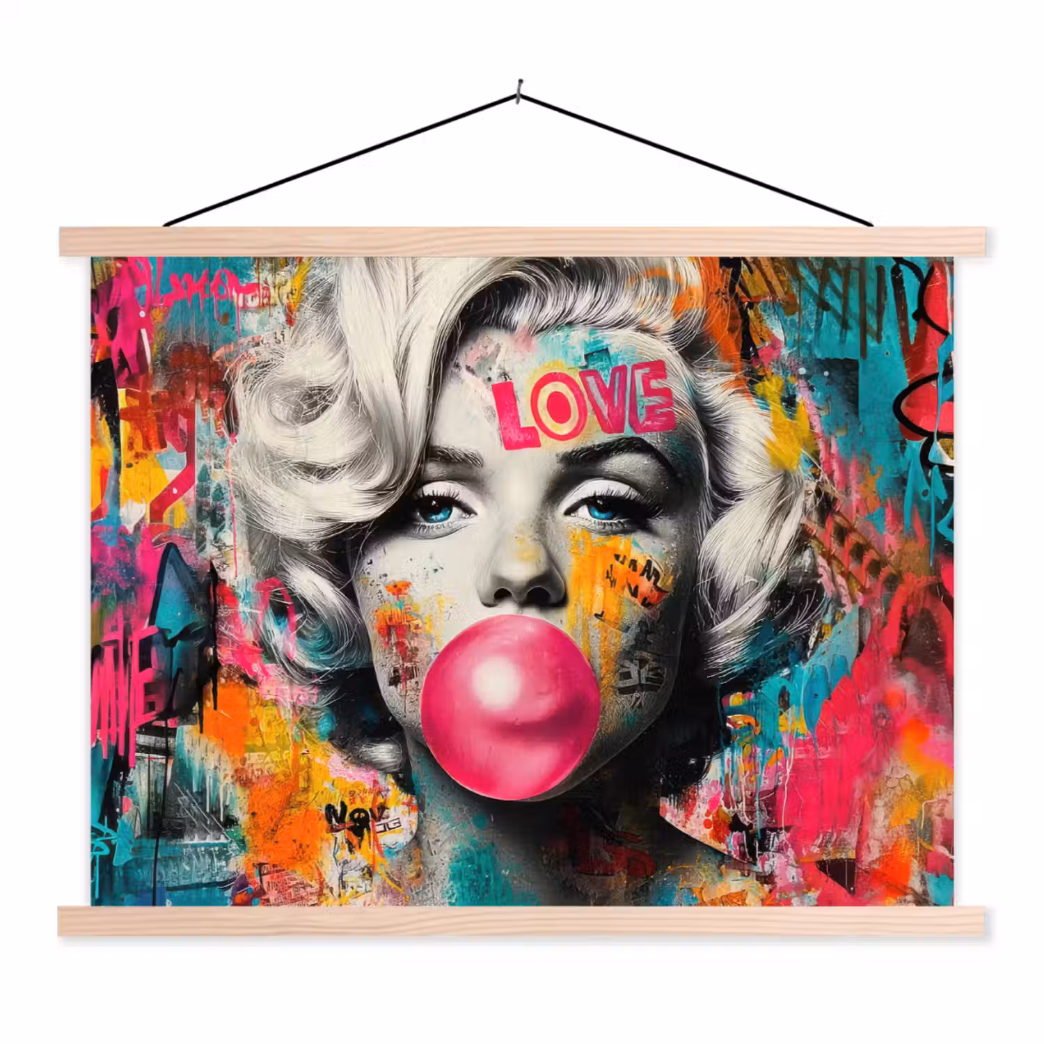 Vrouw - Kauwgom - Graffiti - Neonkleuren textielposter latten blank klein -3d