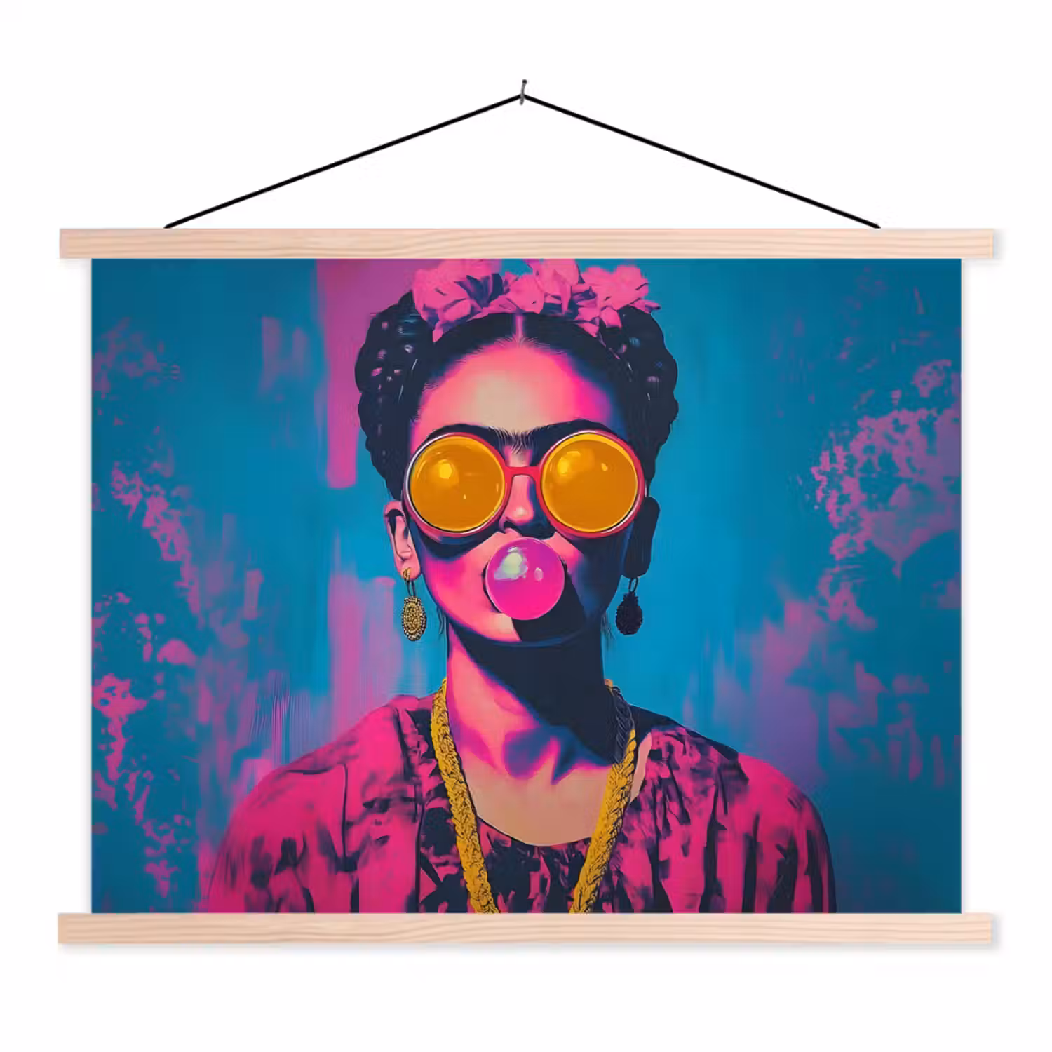 Vrouw - Kauwgom - Zonnebril - Oranje textielposter latten blank klein -3d