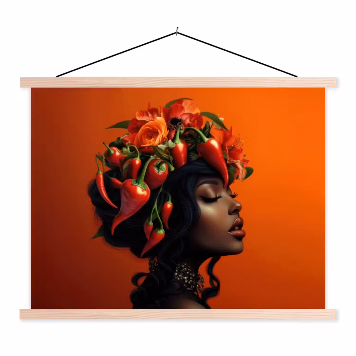Vrouw - Chilipepers - Pepers - Bloemen textielposter latten blank klein -3d