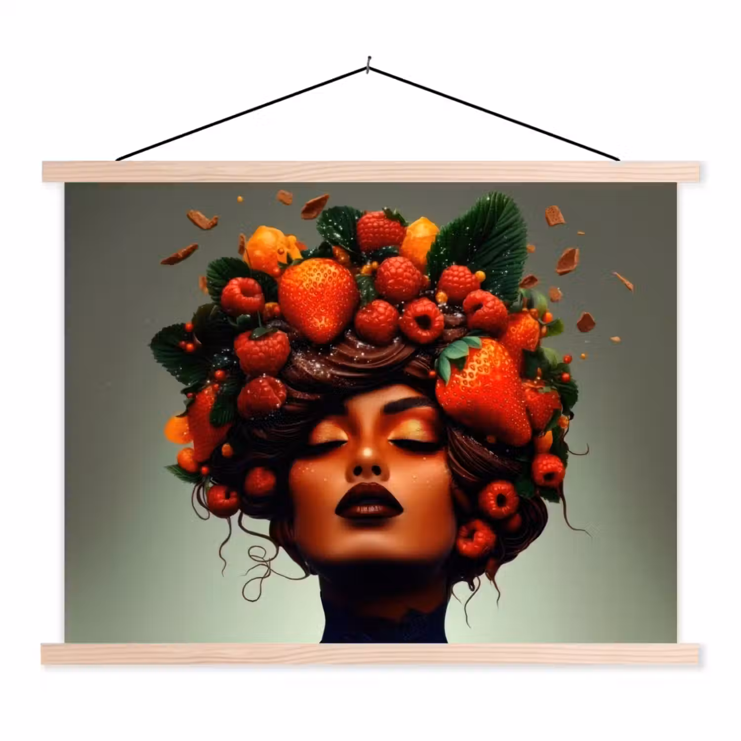 Vrouw - Chocolade - Frambozen - Aardbeien - Koekjes textielposter latten blank klein -3d