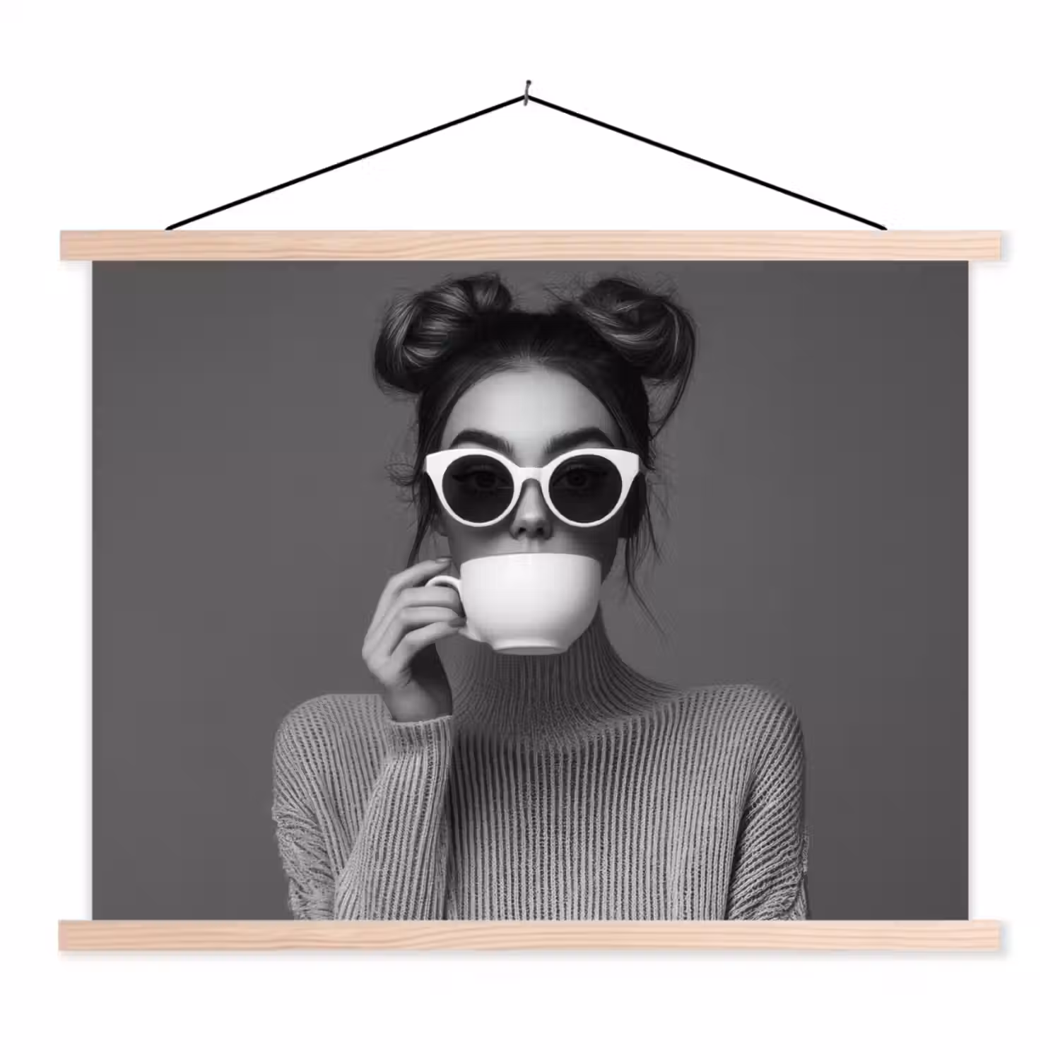 Vrouw - Koffie - Zwart - Wit textielposter latten blank klein -3d