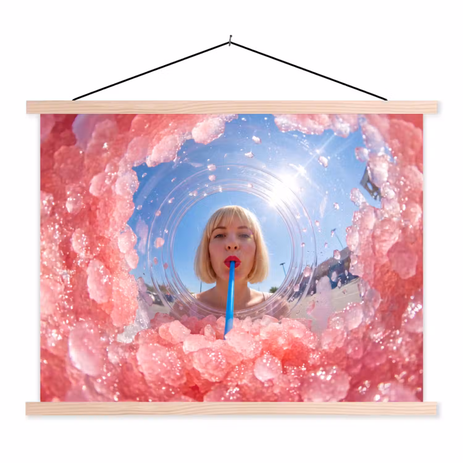 Vrouw - Drank - Zomer - Roze - Blauw textielposter latten blank klein -3d