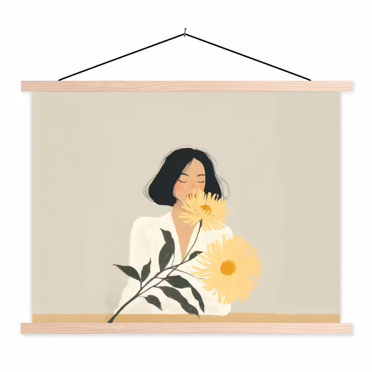 Vrouw - Bloem - Geel - Minimalistisch textielposter latten blank klein -3d