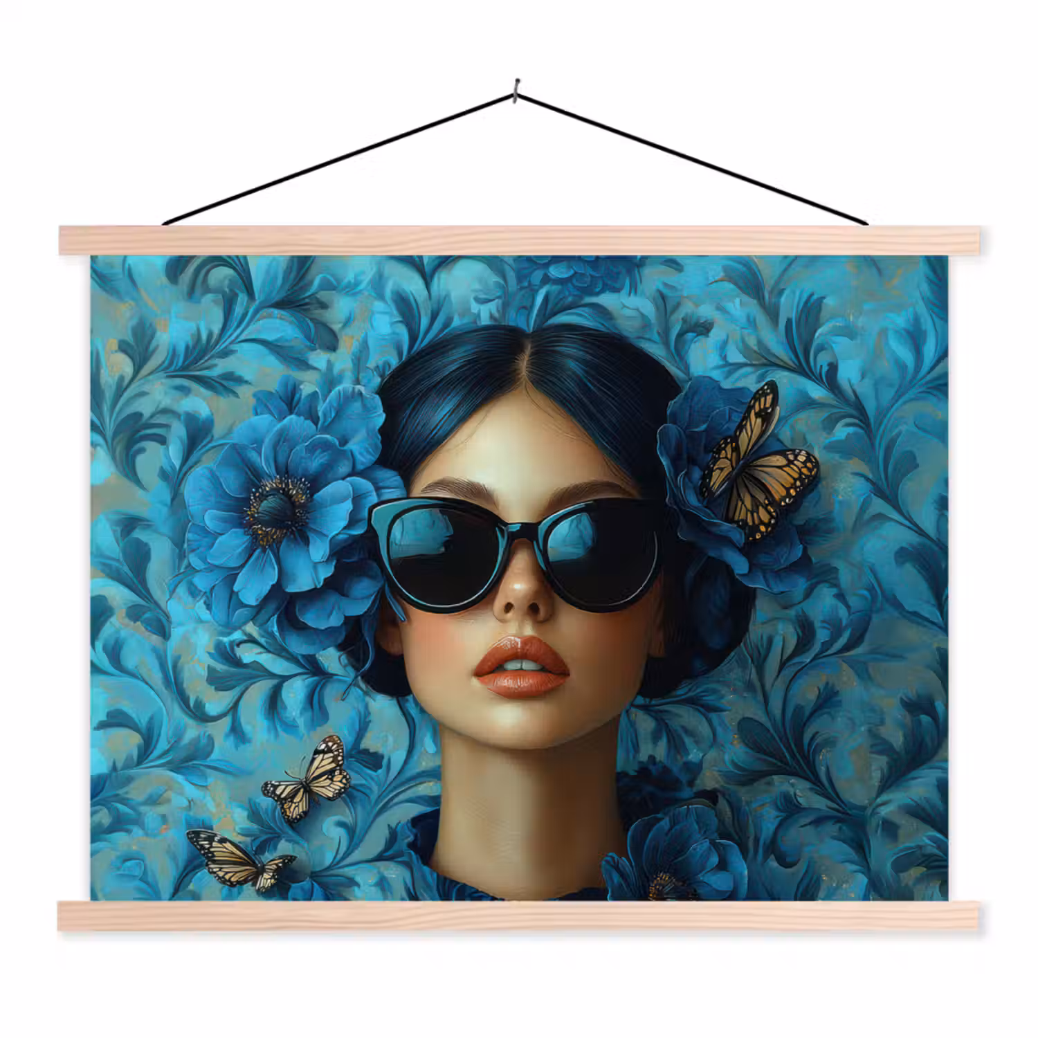 Vrouw - Bloemen - Vlinders - Blauw - Abstract textielposter latten blank klein -3d