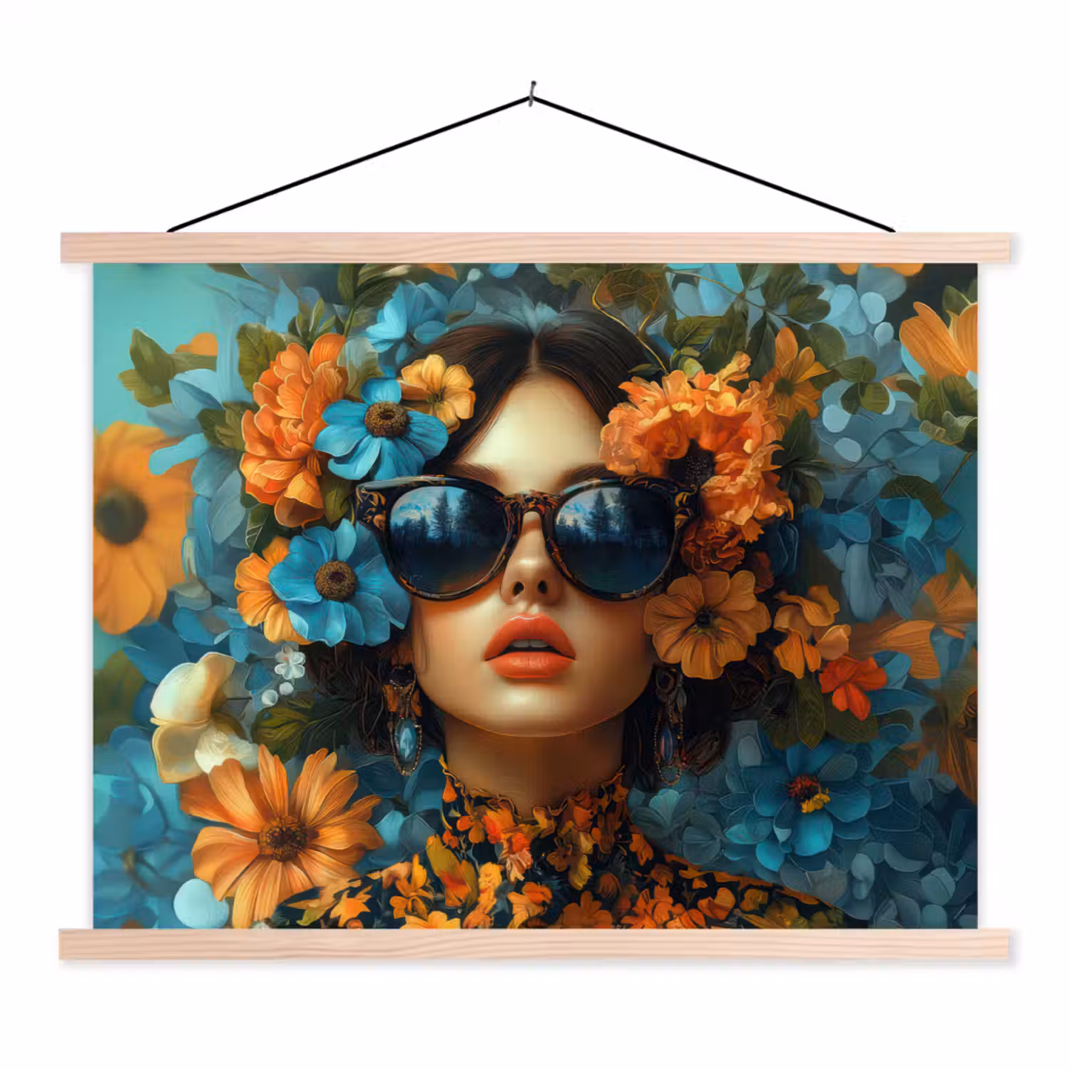 Vrouw - Bloemen - Oranje - Blauw - Modern textielposter latten blank klein -3d