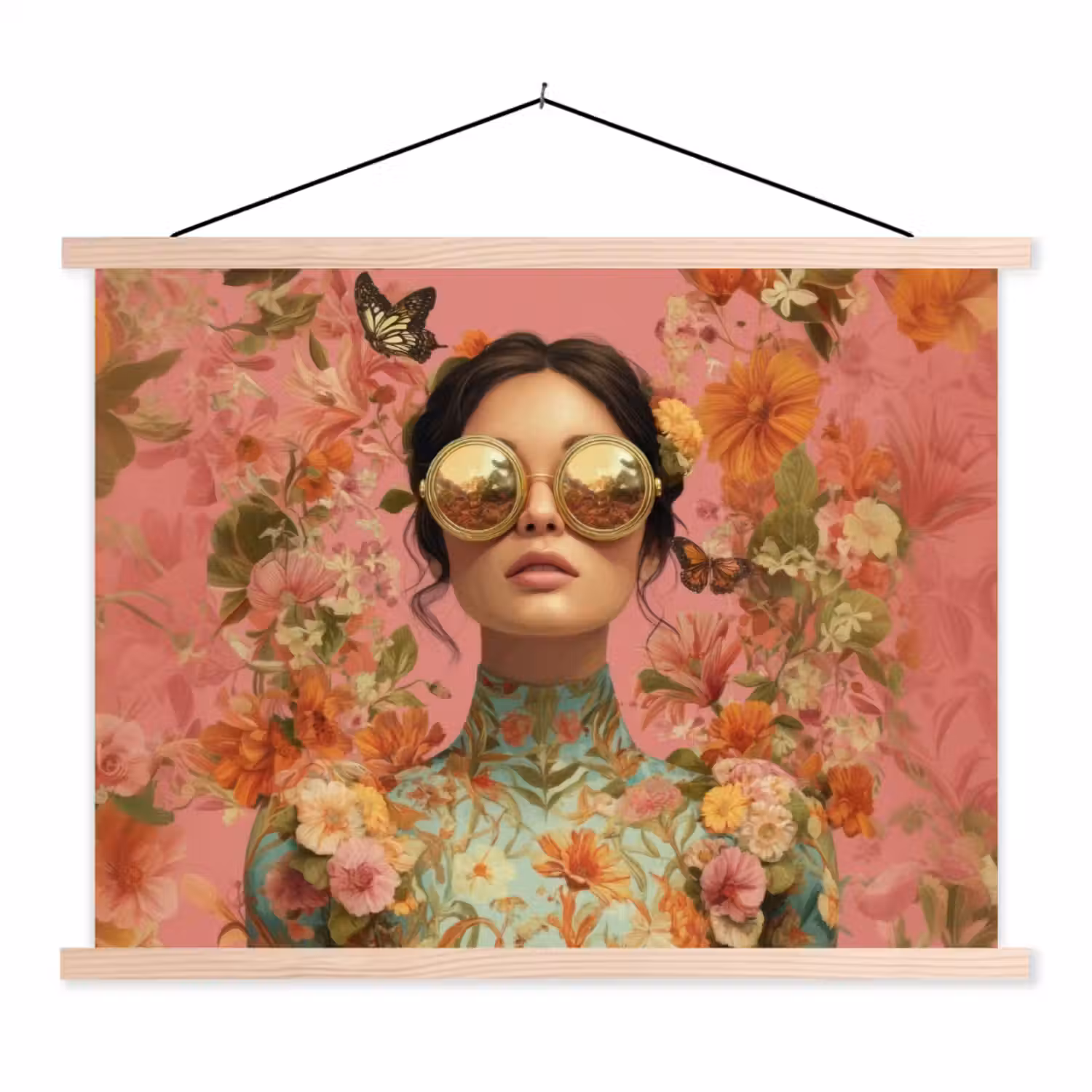 Vrouw - Bril - Roze - Bloemen textielposter latten blank klein -3d