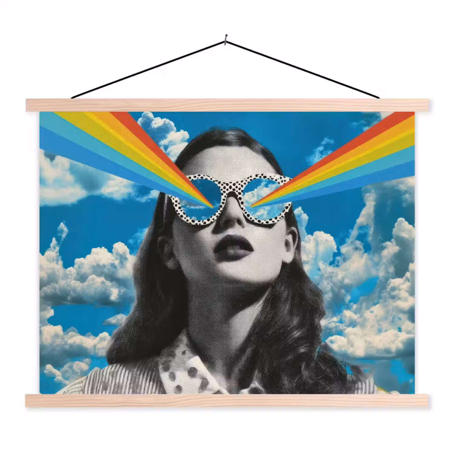 Vrouw - Bril - Regenboog - Wolken textielposter latten blank klein -3d